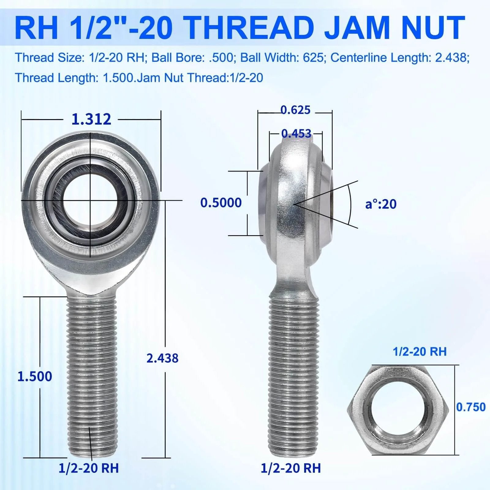 Economy adjustable heim joint rod end kit with right hand 1/2-20 thread and 1/2 inch bore with jam nut, dimensions labeled