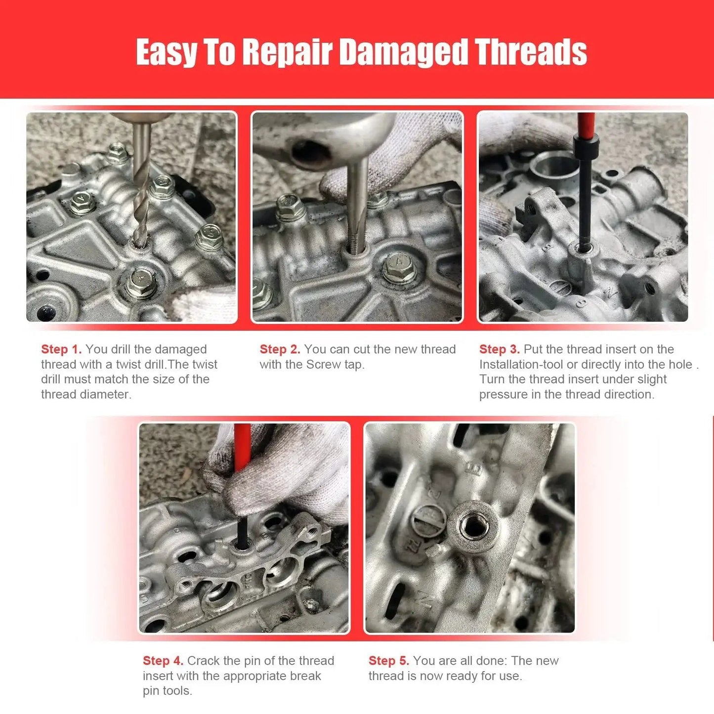 Helicoil Thread Repair Kit 131-Piece HSS Drill Bits Taps And Break Pins in use for repairing damaged metal threads