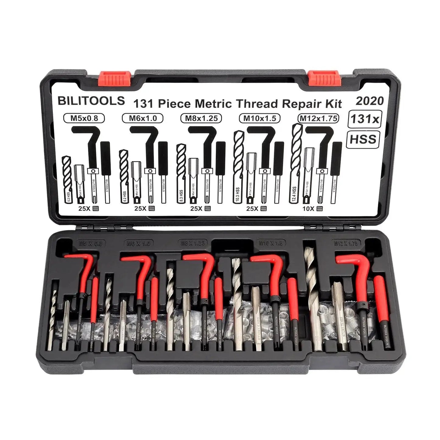 Helicoil Thread Repair Kit 131-Piece HSS Drill Bits Taps and Break Pins for M5 M6 M8 M10 M12 Threads with Metric Inserts in case