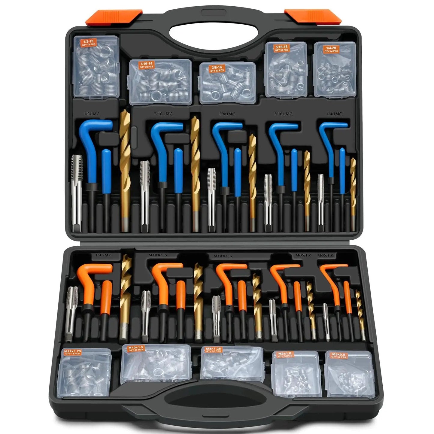 Heavy Duty 320 Piece Helicoil Thread Repair Kit With Metric And SAE Inserts For Automotive Engines, open case view