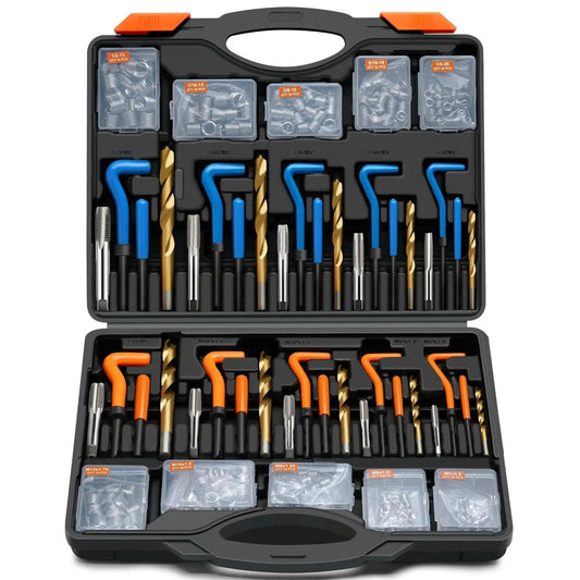 Heavy Duty 320 Piece Helicoil Thread Repair Kit With Metric And SAE Inserts For Automotive Engines, open case view