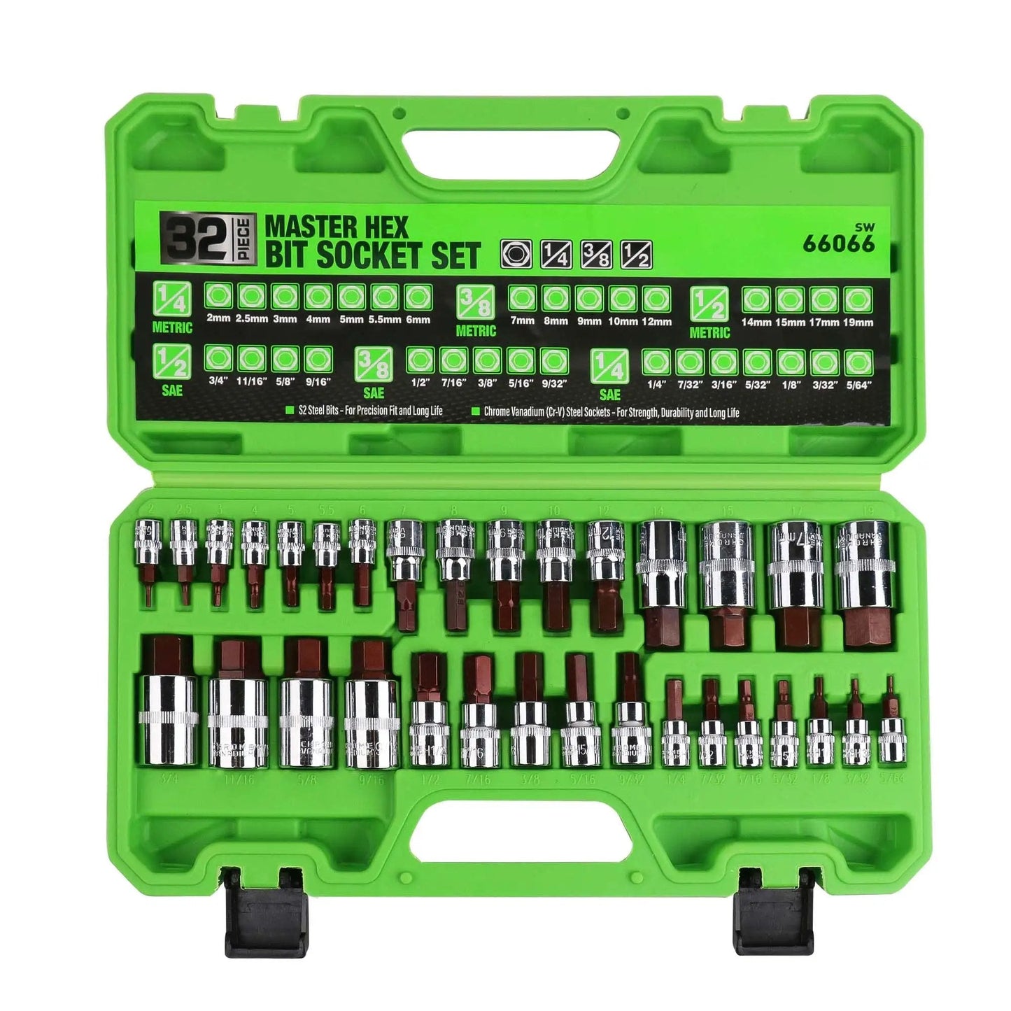 All Purpose Hex Bit Socket Kit With SAE And Metric Sizes In One Quarter Inch, Three Eighths Inch, And One Half Inch Drives, Forged From S2 And CrV Steel For Automotive And Machinery Repair, Swanlake 32 Piece Set in a green case