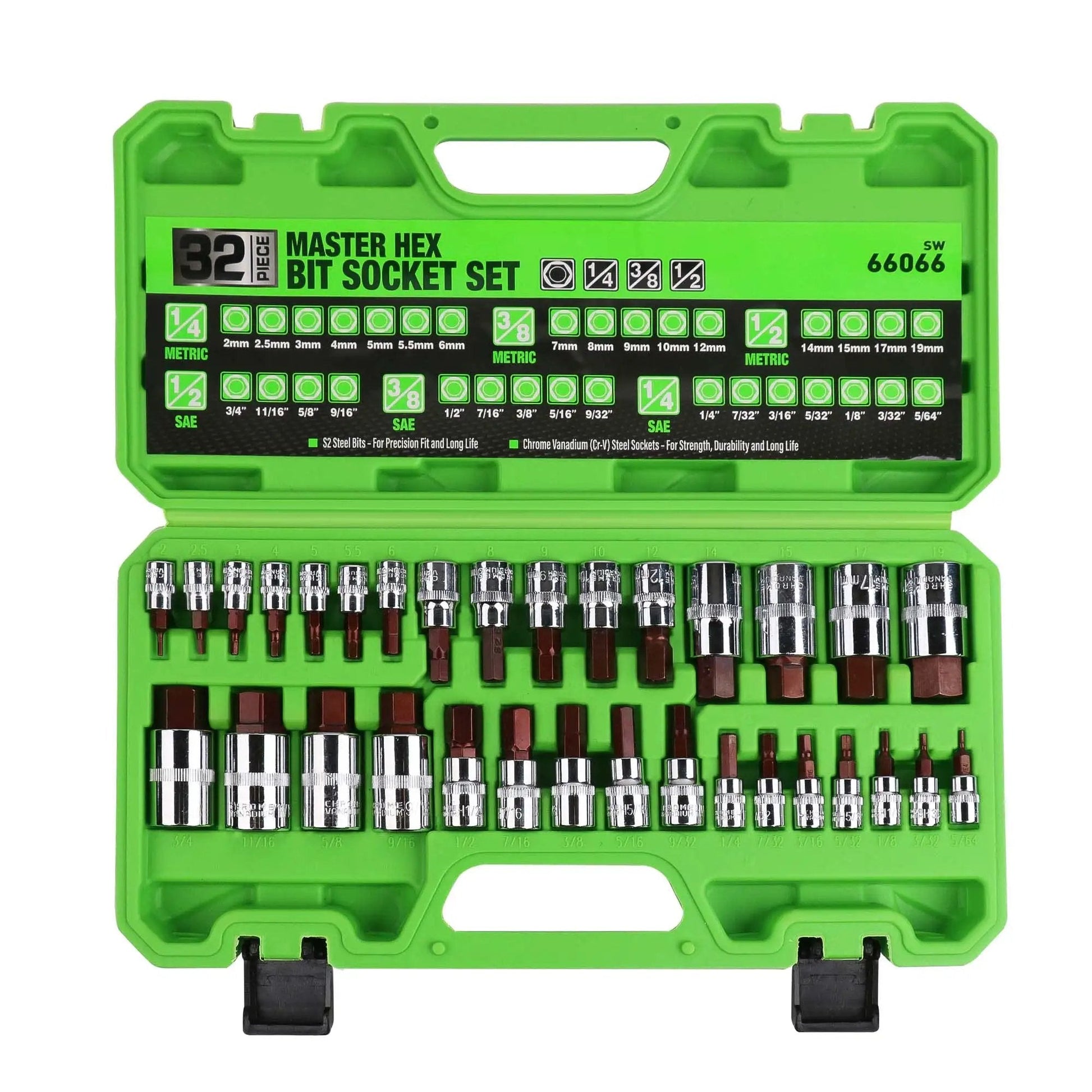 All Purpose Hex Bit Socket Kit With SAE And Metric Sizes In One Quarter Inch, Three Eighths Inch, And One Half Inch Drives, Forged From S2 And CrV Steel For Automotive And Machinery Repair, Swanlake 32 Piece Set in a green case