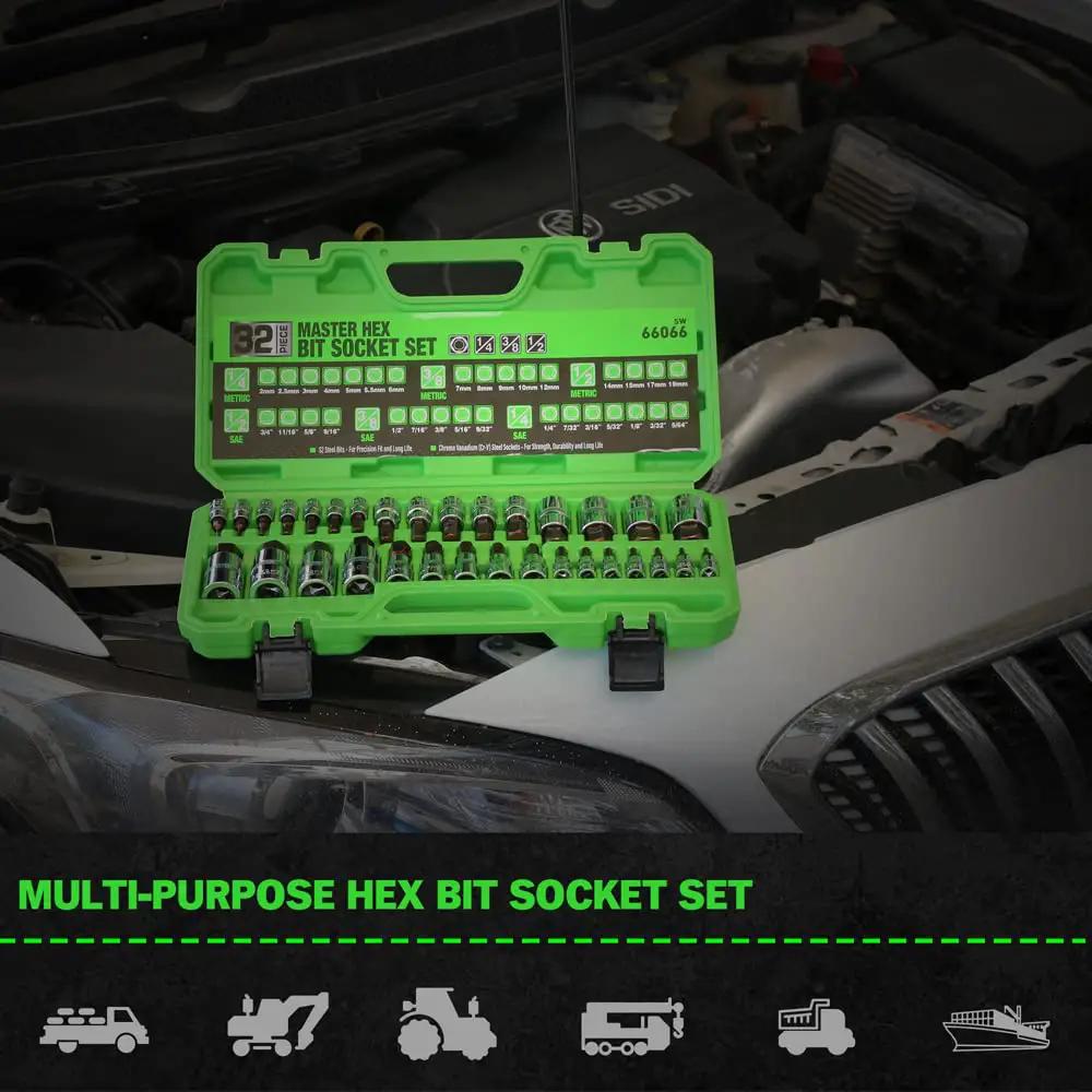 Green All Purpose Hex Bit Socket Kit With SAE And Metric Sizes In One Quarter Inch, Three Eighths Inch, And One Half Inch Drives