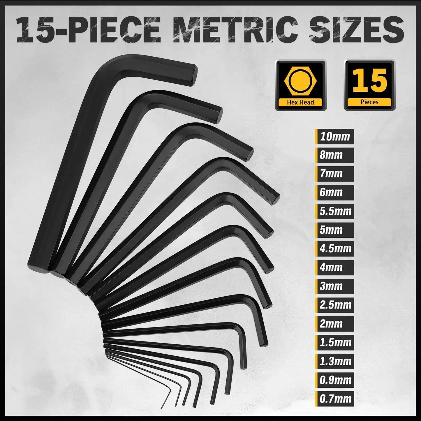 Fifteen-piece metric size view of Thirty One Piece Hex Key Set With Long And Short Allen Keys In Metric And SAE Sizes From 0.7 Millimeter To 10 Millimeter And 0.028 To Three Eighths Inch Heat Treated For Strength Featuring A Torque Handle High Leverage And Easy Organization.