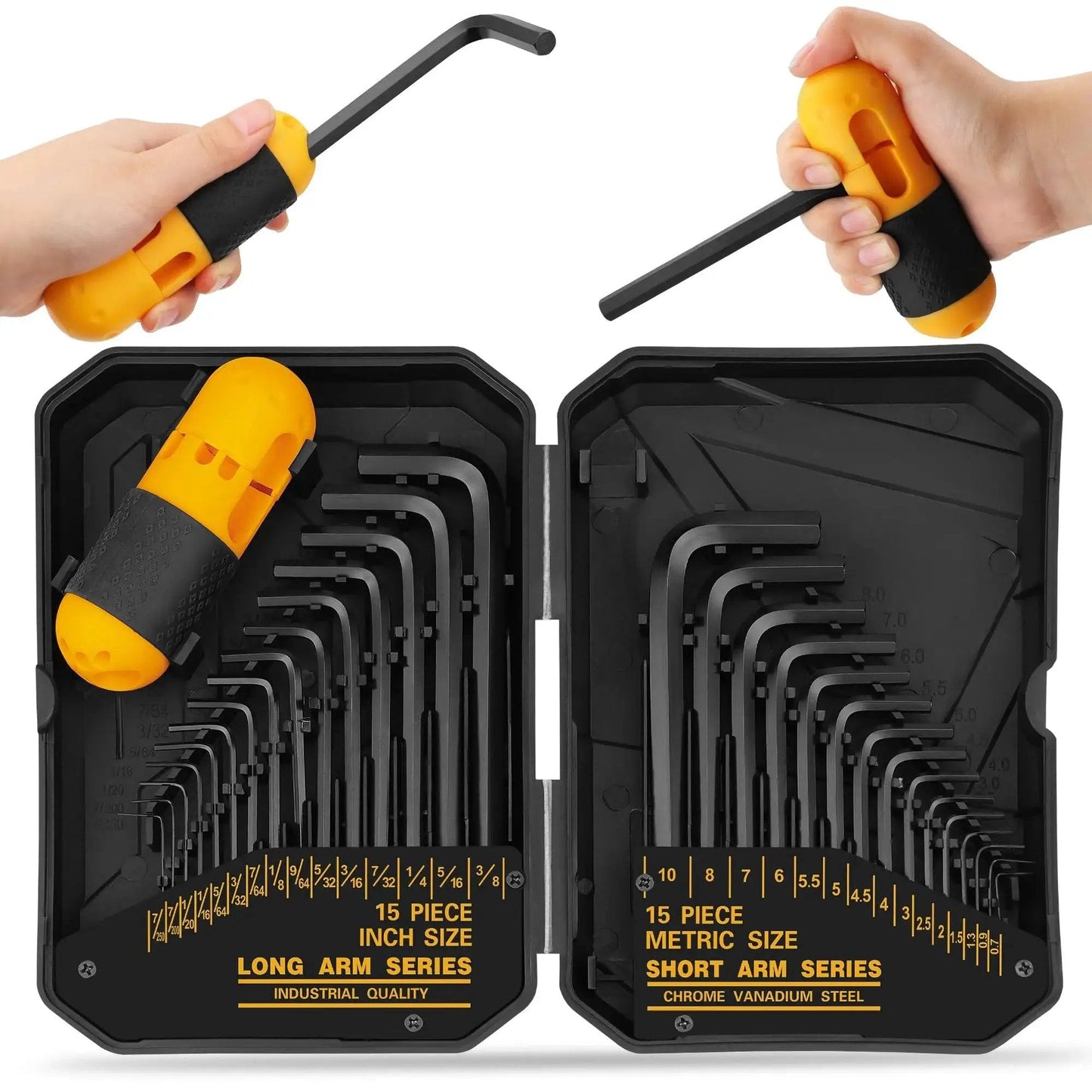 Thirty One Piece Hex Key Set With Long And Short Allen Keys In Metric And SAE Sizes From 0.7 Millimeter To 10 Millimeter And 0.028 To Three Eighths Inch Heat Treated For Strength Featuring A Torque Handle High Leverage And Easy Organization in black case with yellow and black torque handle.