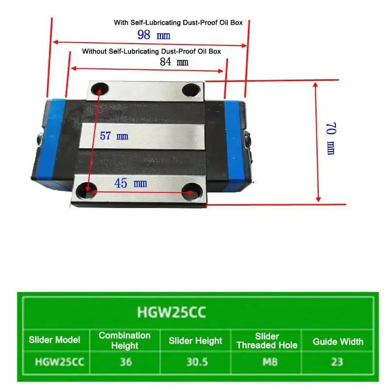 HGW25CA Linear Bearing Slider Block Kit With dimensions and HV25 Oil Box Sets for CNC linear guides.