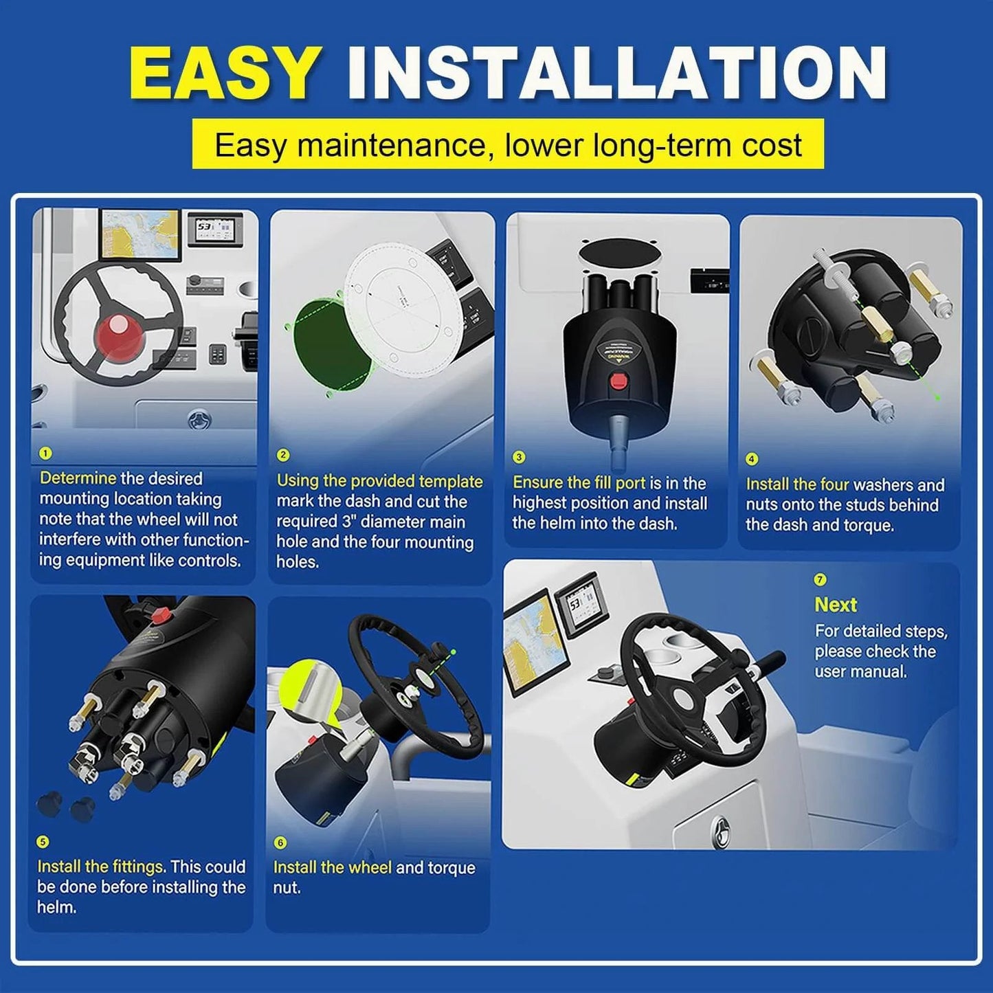 Step-by-step guide for installing HH5271-3 Hydraulic Steering Helm Pump on a boat, highlighting easy installation and maintenance.