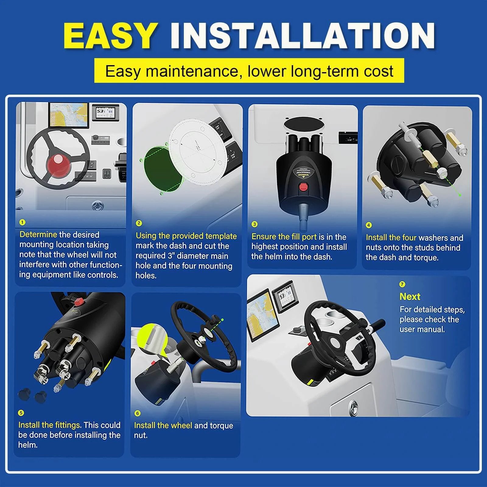 Step-by-step guide for installing HH5271-3 Hydraulic Steering Helm Pump on a boat, highlighting easy installation and maintenance.