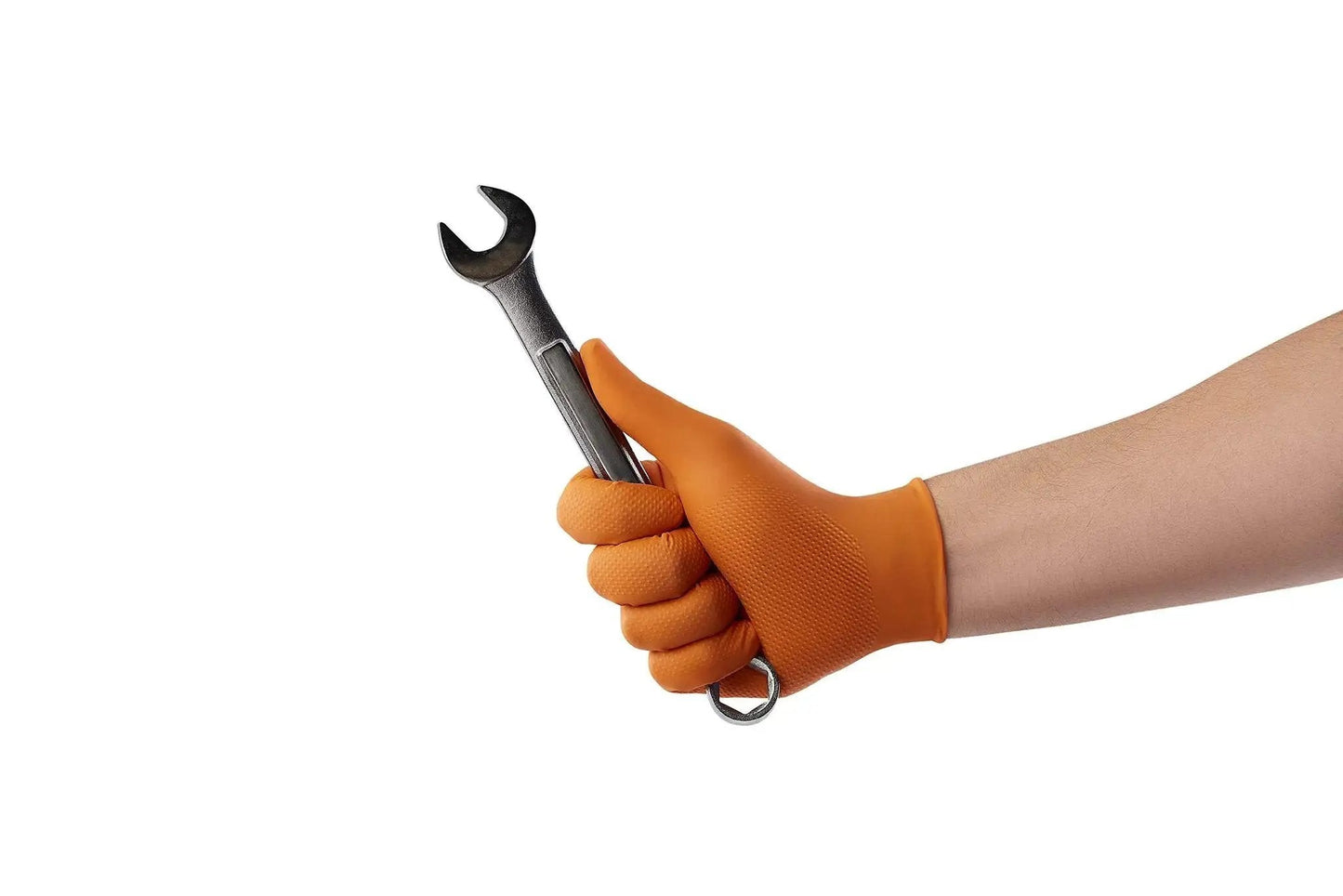 Hand wearing Hi-Visibility Orange Nitrile Gloves 8 Mil Thick Diamond Texture Grip 50 Count holding a wrench