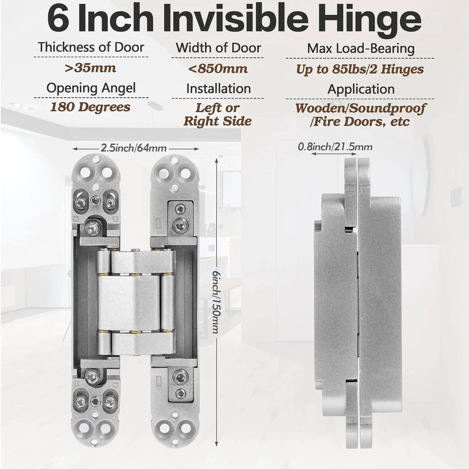 Hidden Door Hinges 6 Inch Stainless Steel Pack Of Two Concealed Hinges With 180 Degree Swing 3 Way Adjustable Heavy Duty For Secret Doors