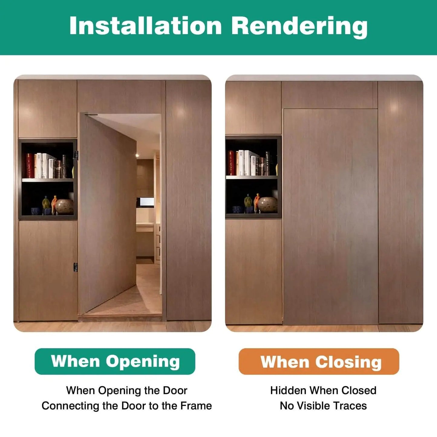 Installation of concealed hydraulic 7-inch door hinges in open and closed positions, showing self-closing action and flush look.