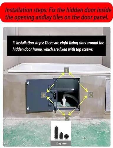 Installation steps for industrial grade concealed pivot hinge kit on bathroom access door with fixing slots and screws visible.