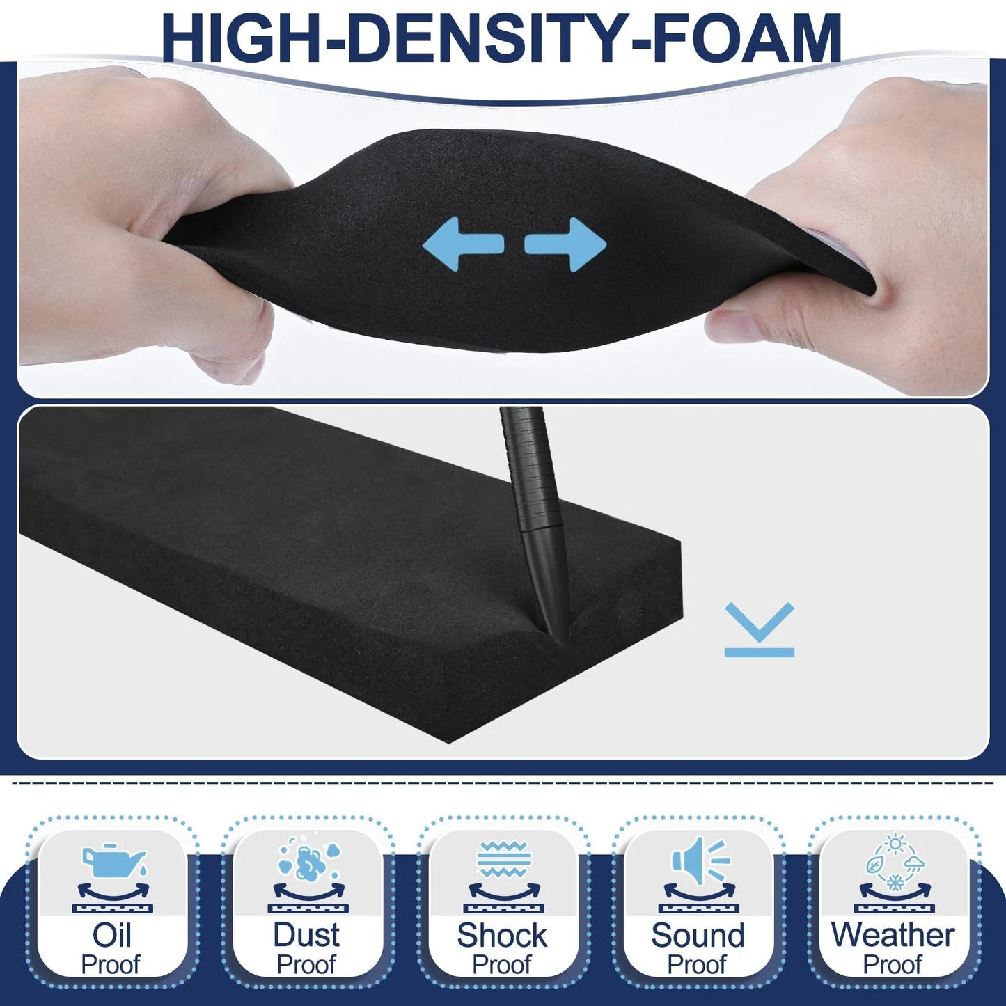 Two Rolls Thirty Three Point One Feet Self Adhesive Foam Weather Strips For Doors And Windows EVA High Density Seals That Compress For Tight Weatherproofing Soundproofing And Insulation Half Inch By Eighth Inch Black Weatherstrip close-up view showing flexibility and texture of high-density foam.