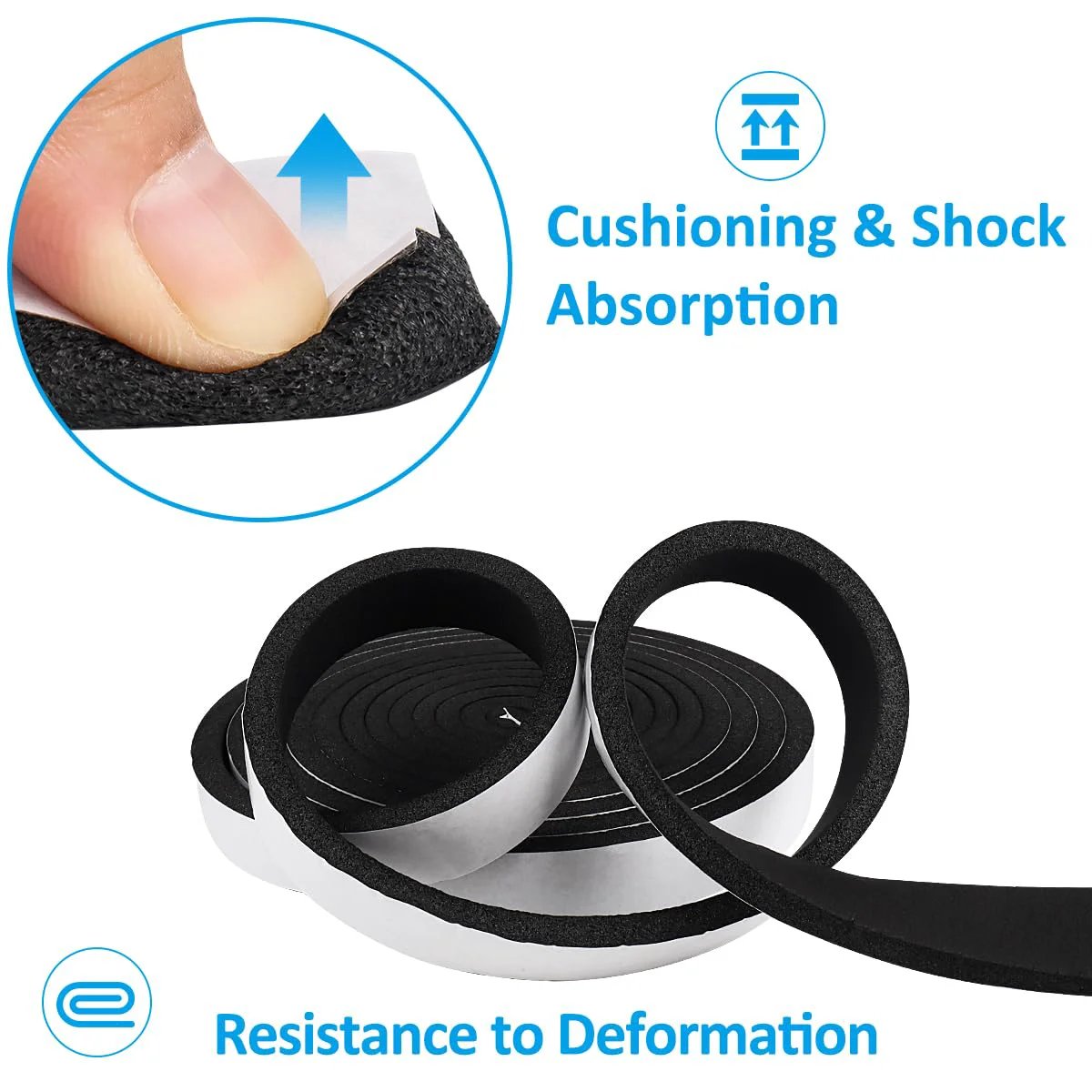 Premium Foam Insulation Tape DGSL Weather Stripping For Doors And Windows, 0.5 in x 0.25 in, showing cushioning and shock absorption features.