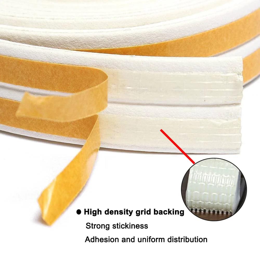 Close-up of Premium D Type Foam Weather Stripping Tape For Doors And Windows Self Adhesive Sealing Strip 32.8 Ft Long White with grid backing.