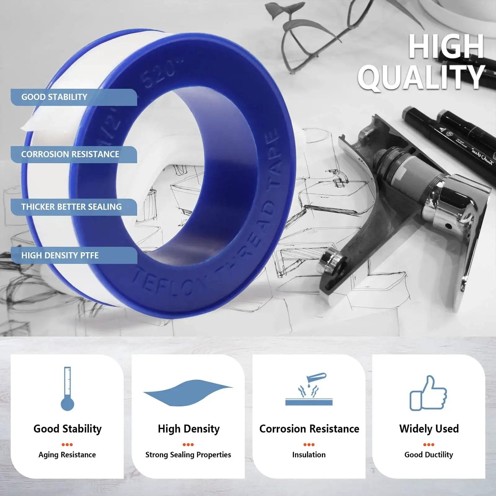 Thicker PTFE Teflon Plumbers Tape Half Inch By 520 Inches Pack Of 8 For Leak Proof Water Pipe Sealing, Heavy Duty Density