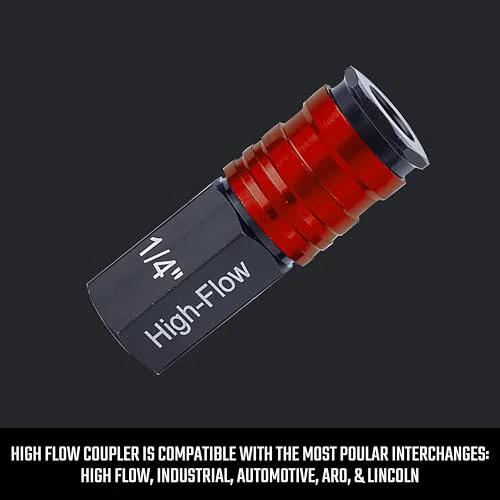 High Flow Aluminum Four Piece Fittings Kit With One Quarter Inch NPT Threads For Air Tools And Compressors Delivers Amped Airflow And Efficiency With A Large Bore Boosting Performance And Works With Universal High Flow V I M T L U Plug Styles close-up of 1/4 inch high-flow coupler with red detailing.