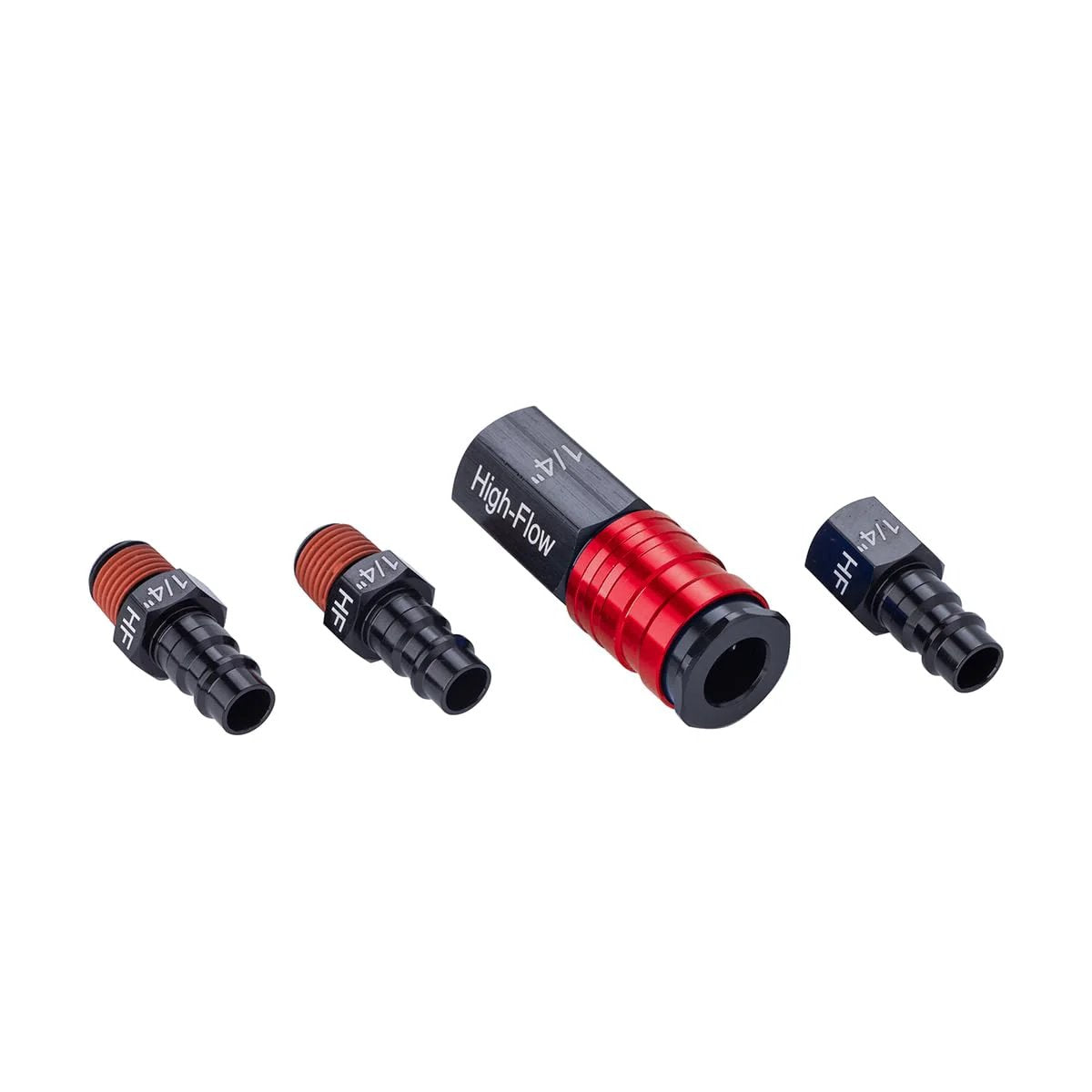 High Flow Aluminum Four Piece Fittings Kit With One Quarter Inch NPT Threads For Air Tools And Compressors, showing four fittings.