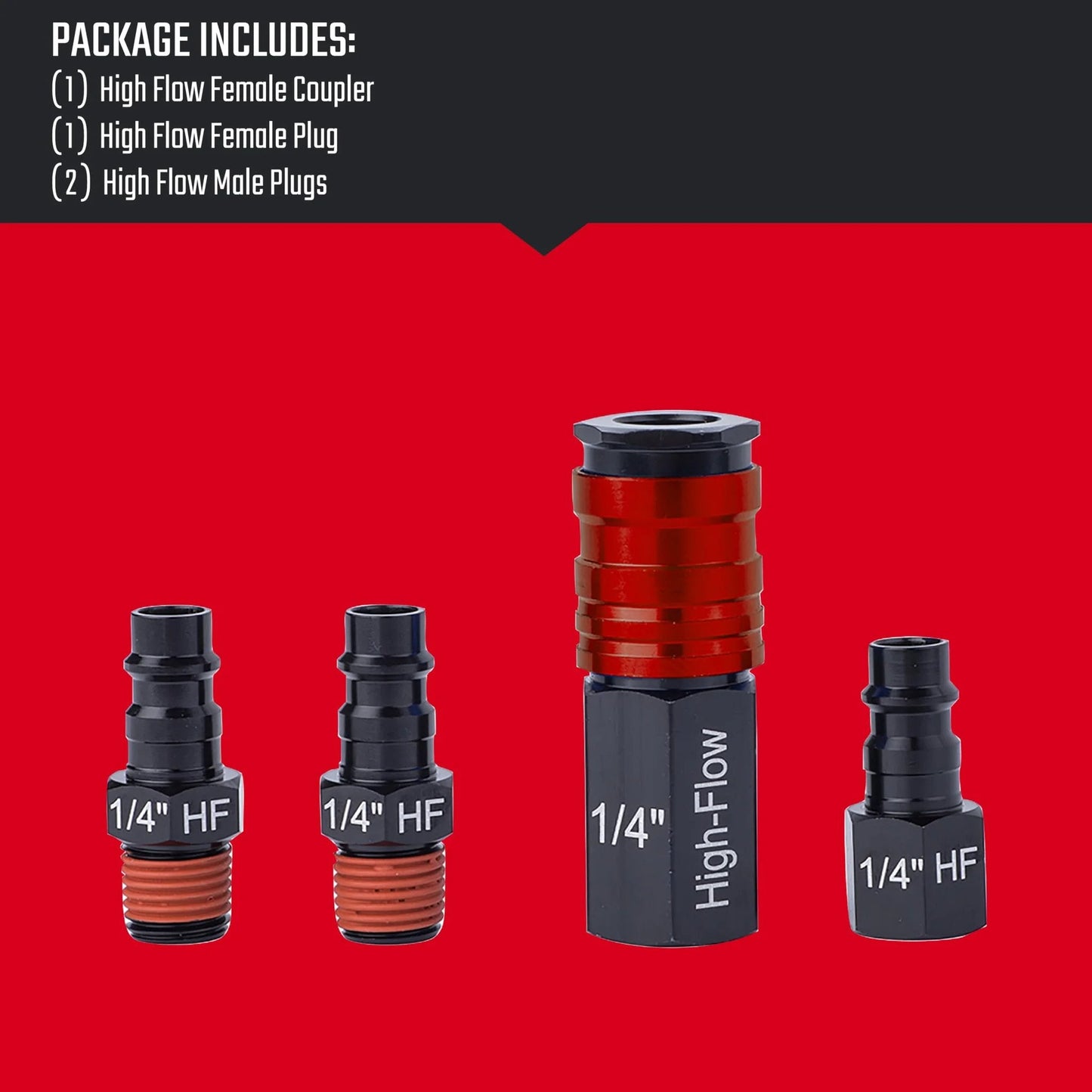 High Flow Aluminum Four Piece Fittings Kit With One Quarter Inch NPT Threads For Air Tools And Compressors showing coupler and plugs.