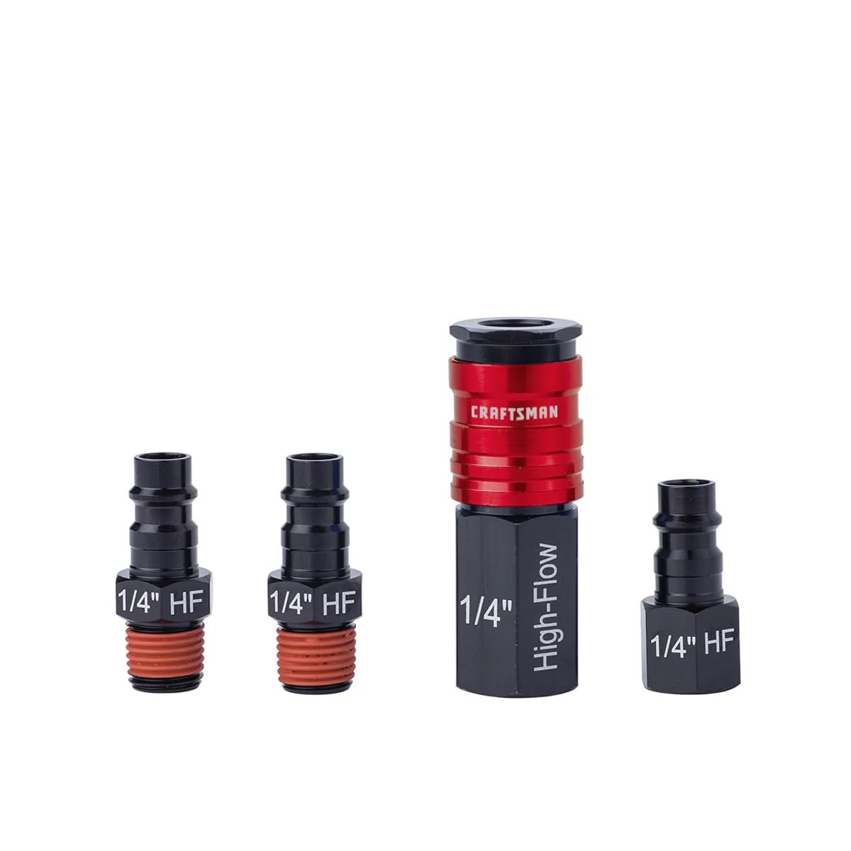 High Flow Aluminum Four Piece Fittings Kit With One Quarter Inch NPT Threads For Air Tools And Compressors. Four aluminum fittings displayed.