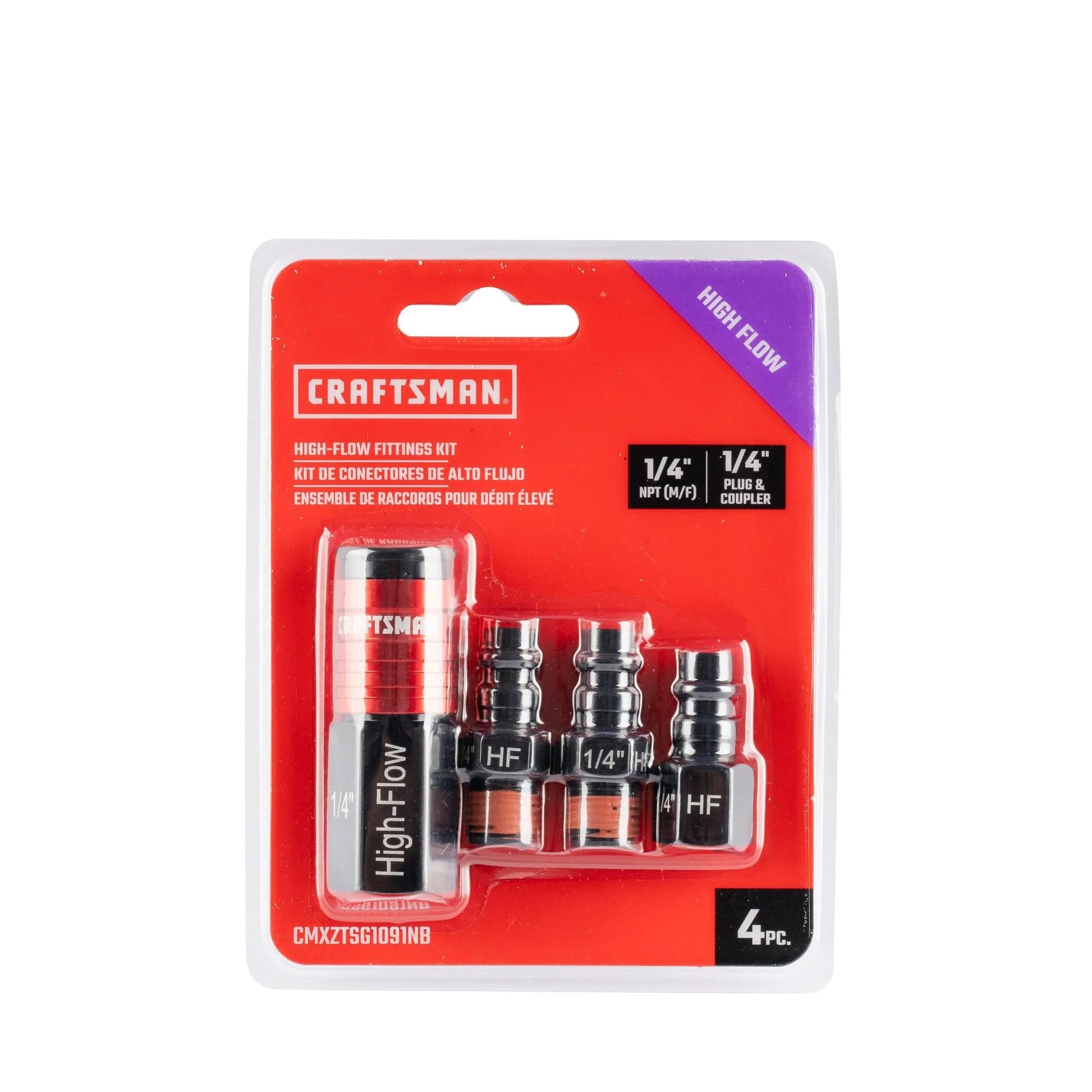 High Flow Aluminum Four Piece Fittings Kit With One Quarter Inch NPT Threads For Air Tools And Compressors, in packaging, showing sizes and fittings.