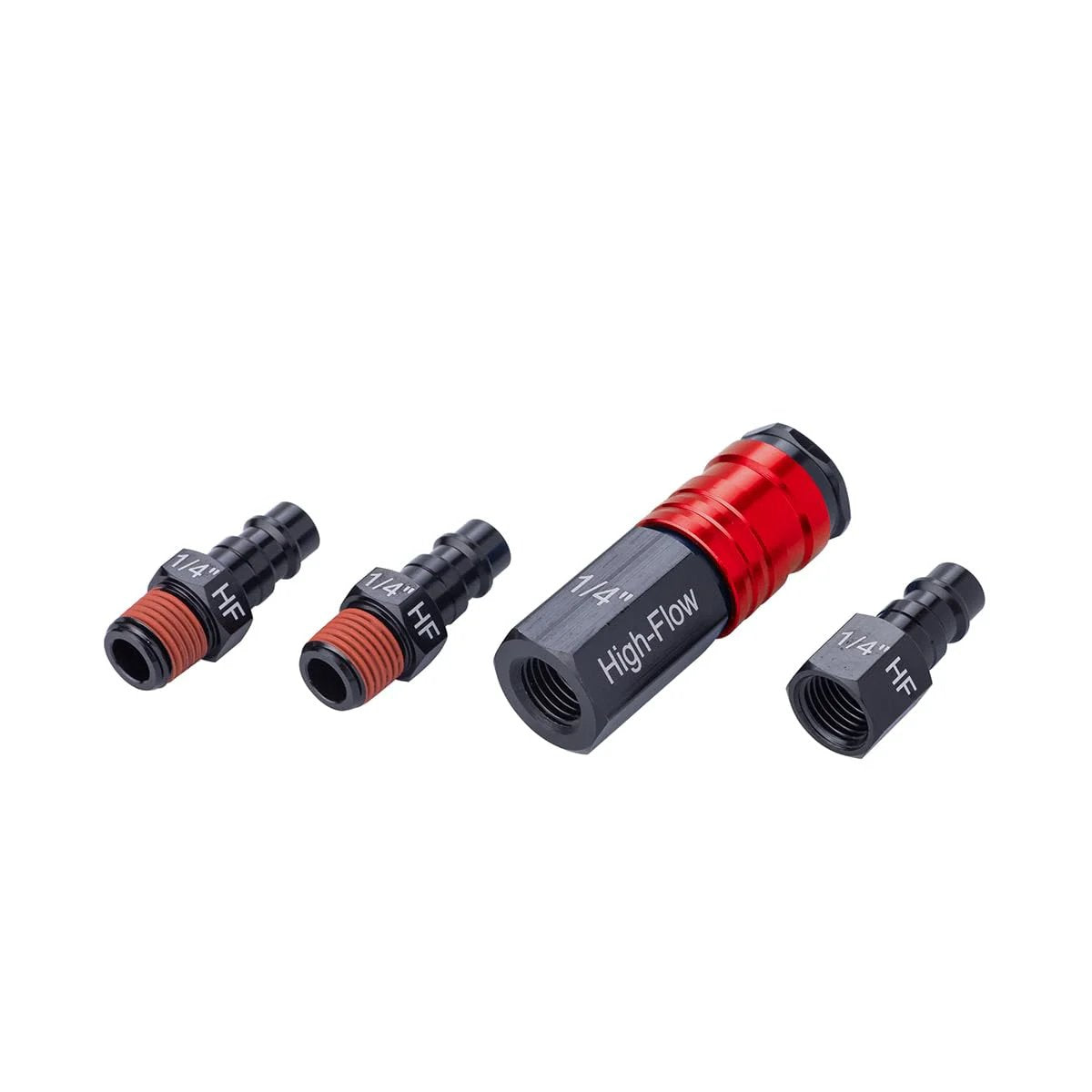 High Flow Aluminum Four Piece Fittings Kit With One Quarter Inch NPT Threads For Air Tools And Compressors, showing fittings and connectors.