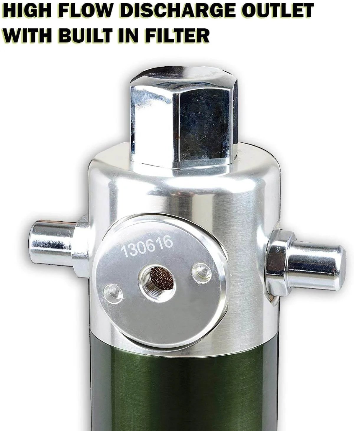 Close-up of Lubeworks Oil Transfer Drum Pump Double Action 3:1 Fast Flow Rate 7.4gpm / 28lpm for SAE130 oils showing high flow outlet