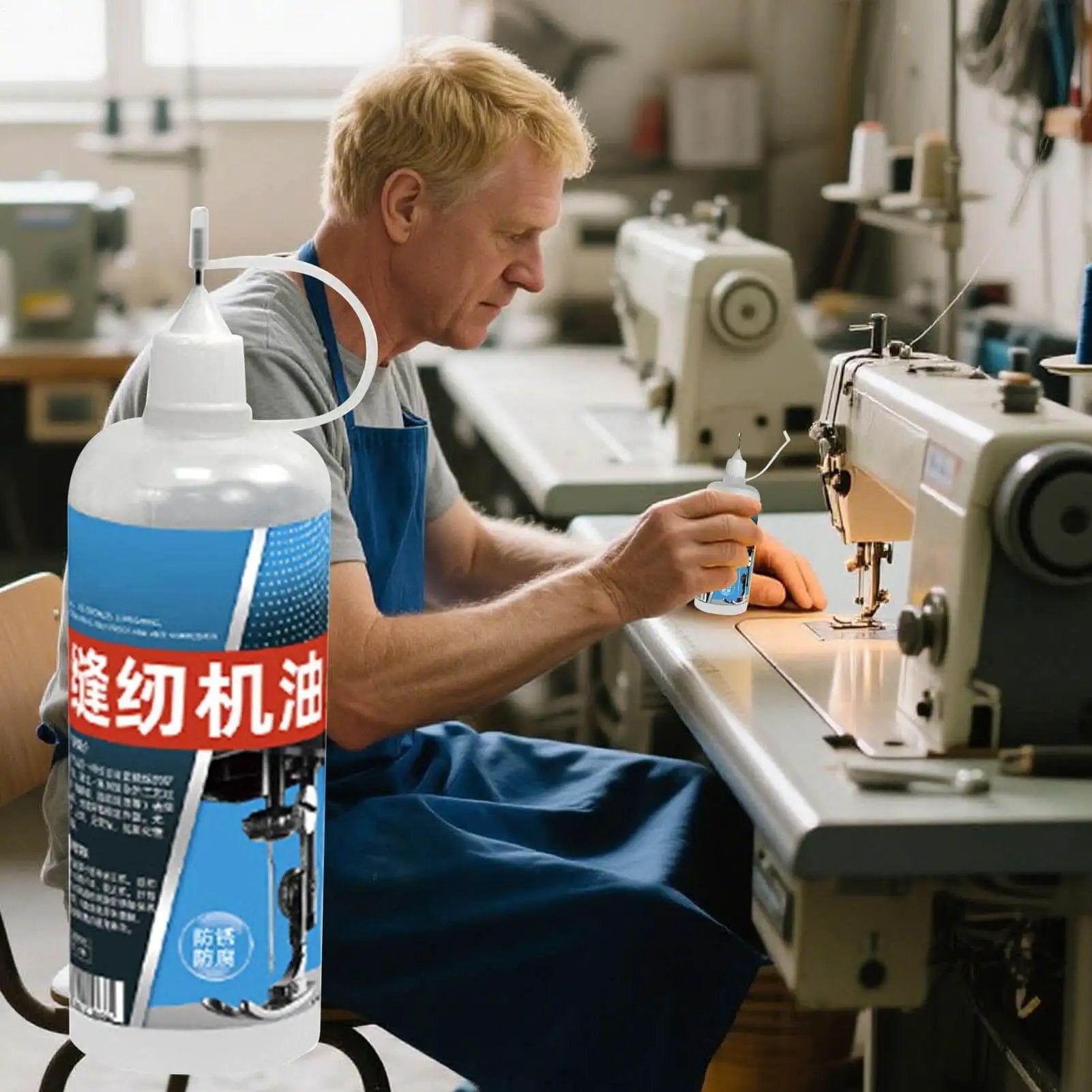 Man using high heat multi purpose machine oil for commercial and home use on sewing machine