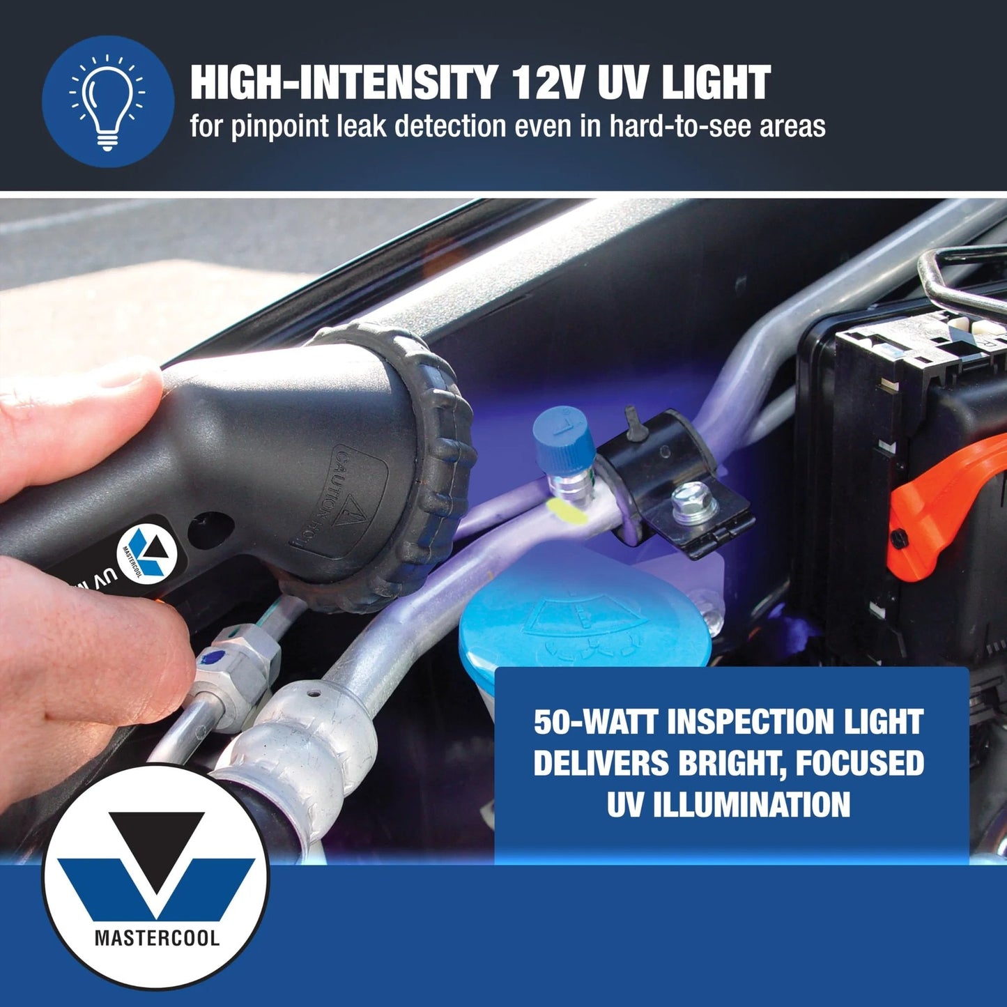 Mastercool 53351 All In One UV Leak Detection Kit for Automotive and HVAC Systems, highlighting 12V UV light in use