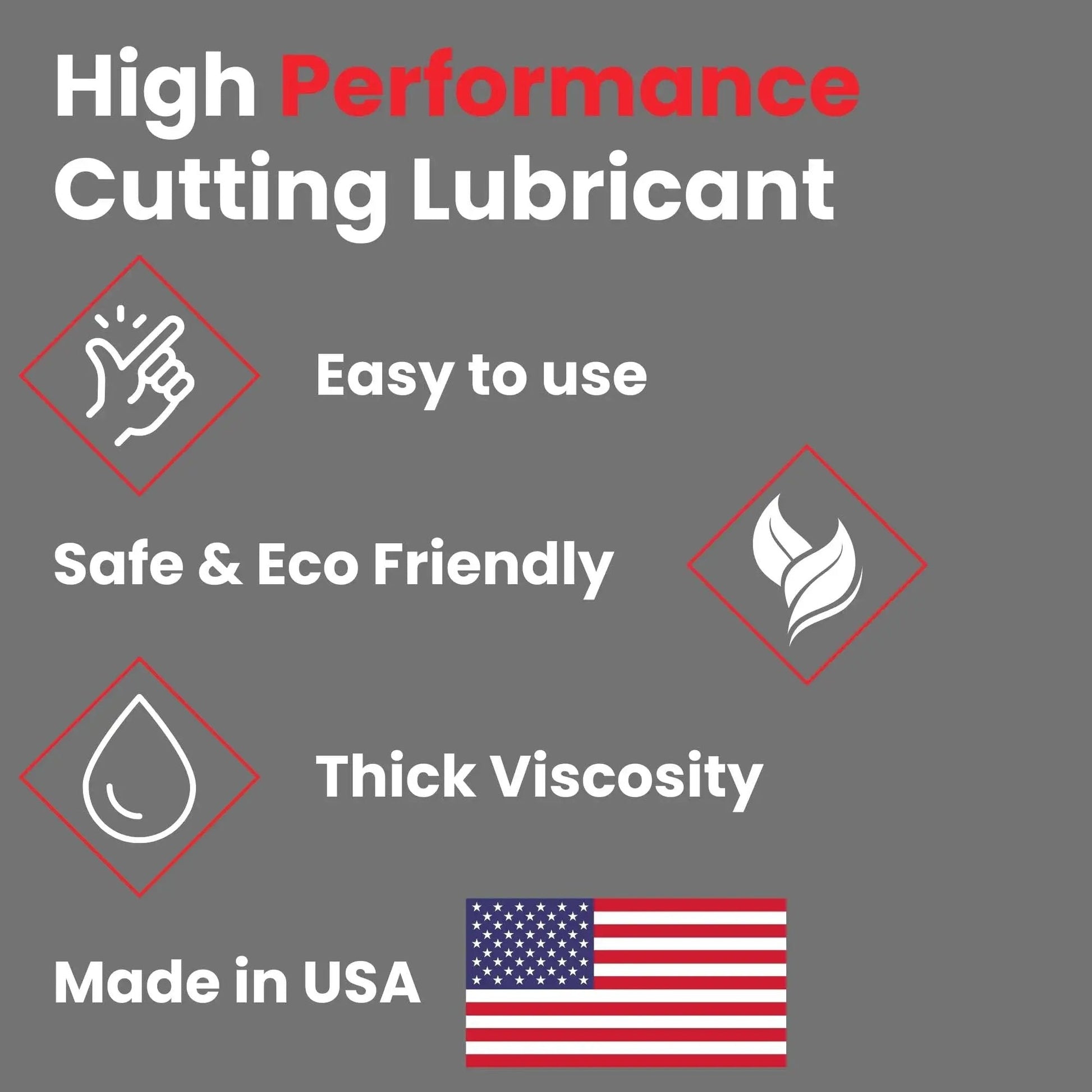 Graphic highlighting features of Beefed Up Drilling And Tapping Gel For Metal Cutting Pro Grade Lubricant including safety, viscosity, and made in USA.