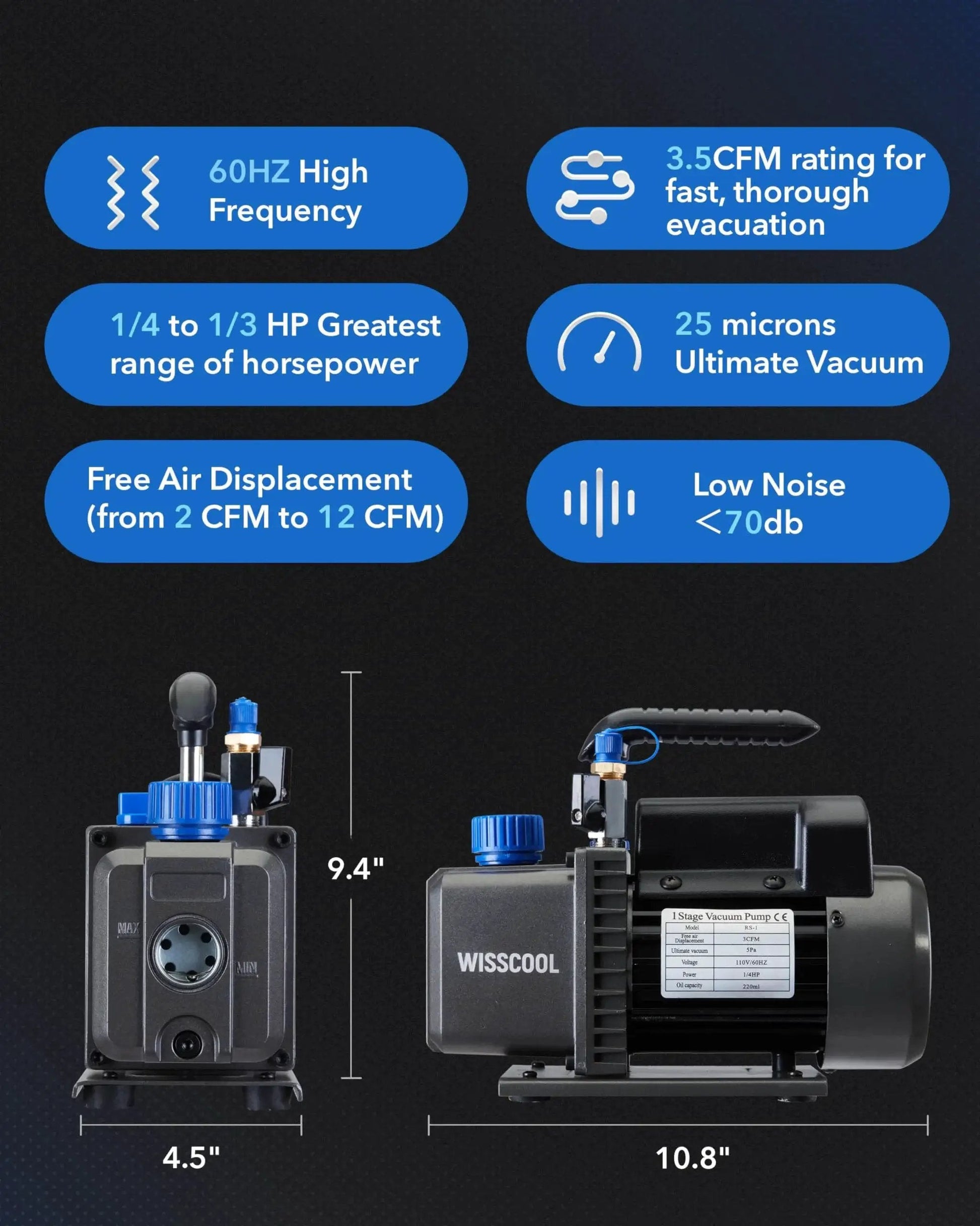 High Performance 3.5 CFM Vacuum Pump for HVAC Systems with 1/4 HP 110V, side view showing dimensions and key features on display