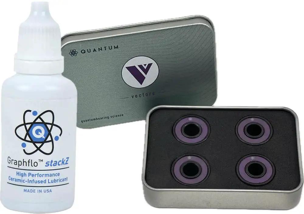Pack of four skate bearings with Graphflo Stackz cream lubricant in metal case, focused on high performance skate bearings