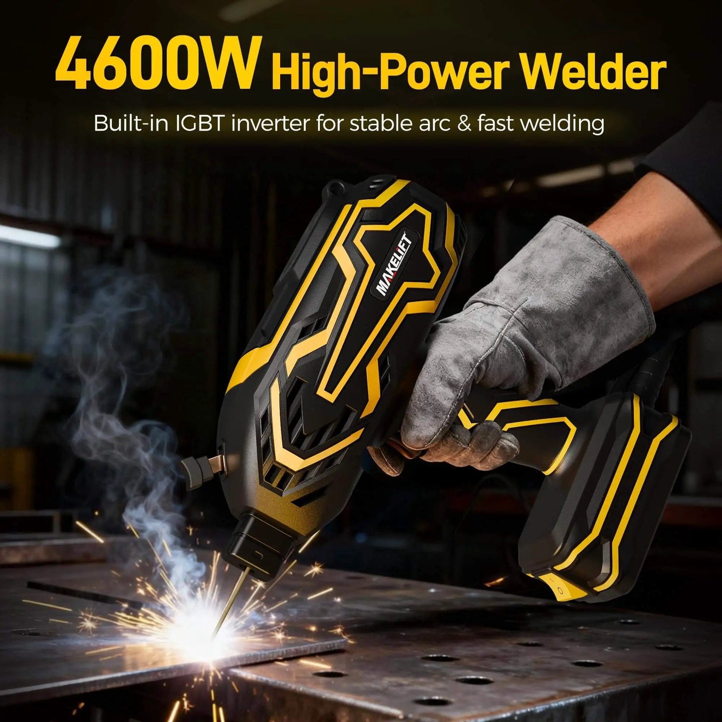 Person using a 4600W high-power welder with built-in IGBT inverter for stable arc and fast welding on metal surface, wearing glove