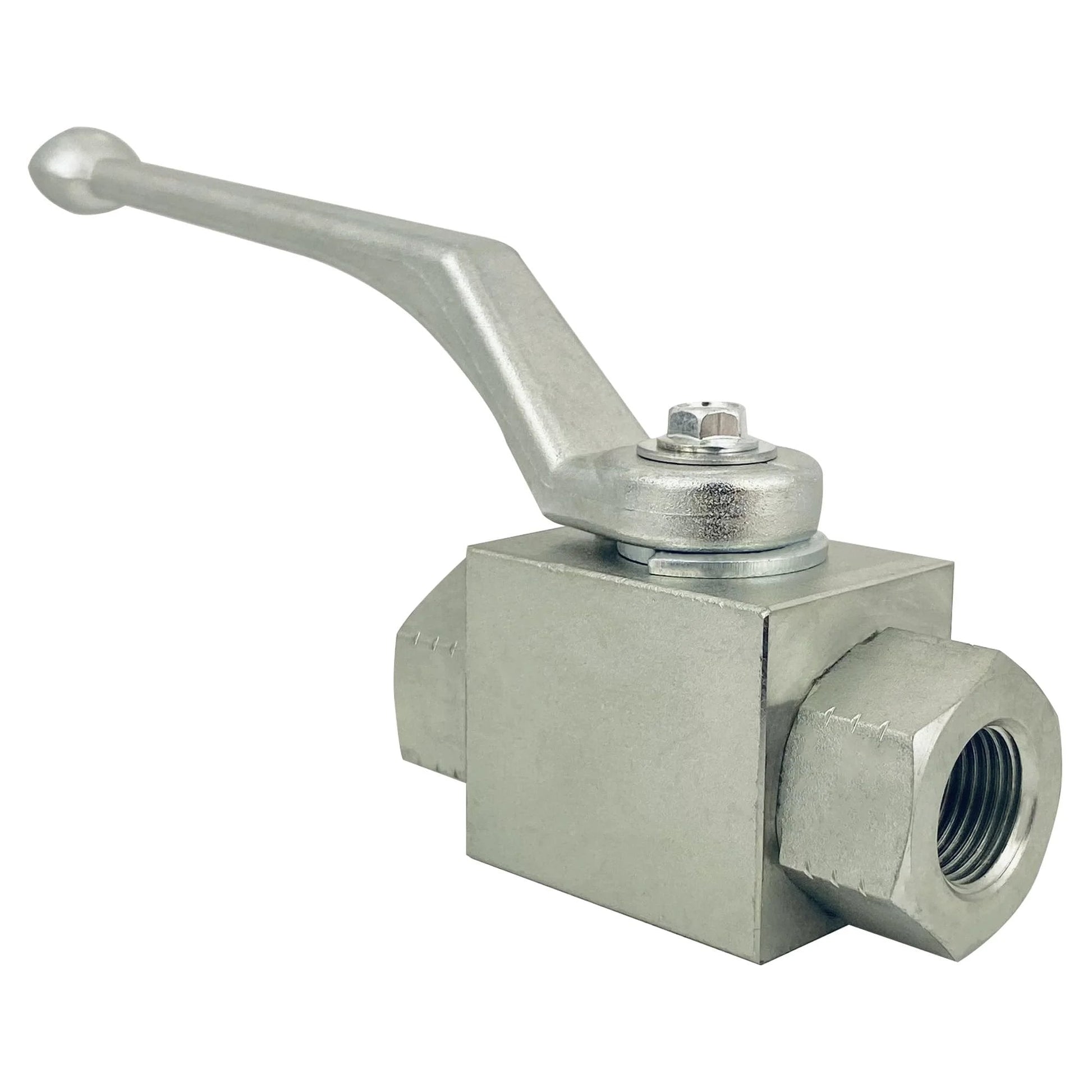 High Pressure Hydraulic Ball Valve Three Eighths Inch NPT Female Thread Two Way Shut Off 7250 PSI Carbon Steel Zinc Plated side view