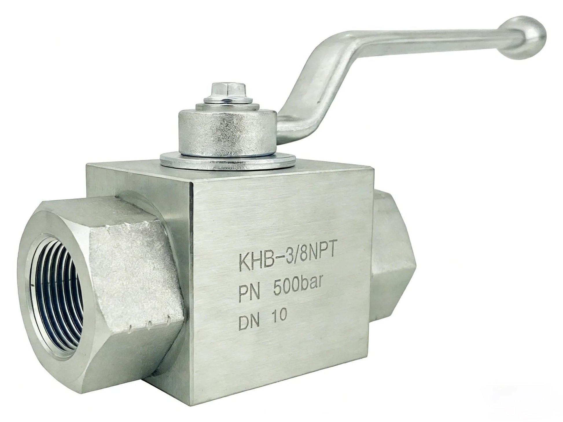 High Pressure Hydraulic Ball Valve Three Eighths Inch NPT Female Thread Two Way Shut Off 7250 PSI Carbon Steel Zinc Plated Built Tough For Hydraulic And Water Systems Autovo KHB Series For Industrial High Flow Applications close-up of valve with handle