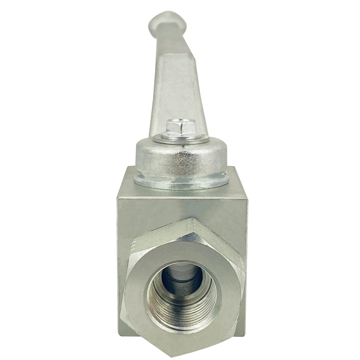 Front view of High Pressure Hydraulic Ball Valve Three Eighths Inch NPT Female Thread Two Way Shut Off 7250 PSI Carbon Steel Zinc Plated.