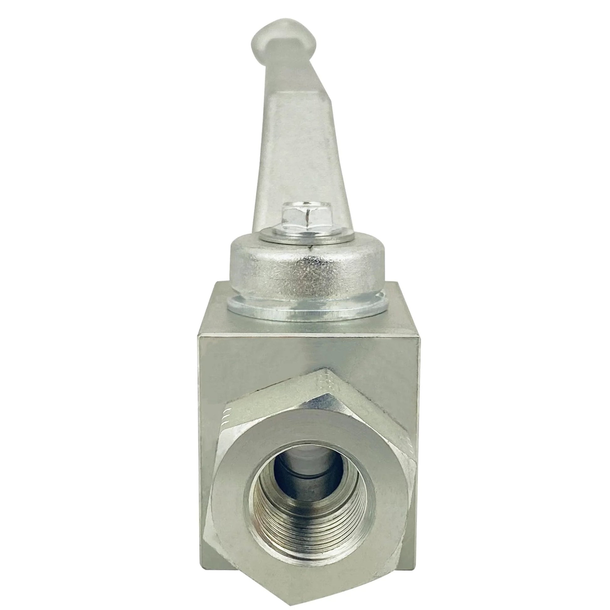 Front view of High Pressure Hydraulic Ball Valve Three Eighths Inch NPT Female Thread Two Way Shut Off 7250 PSI Carbon Steel Zinc Plated.