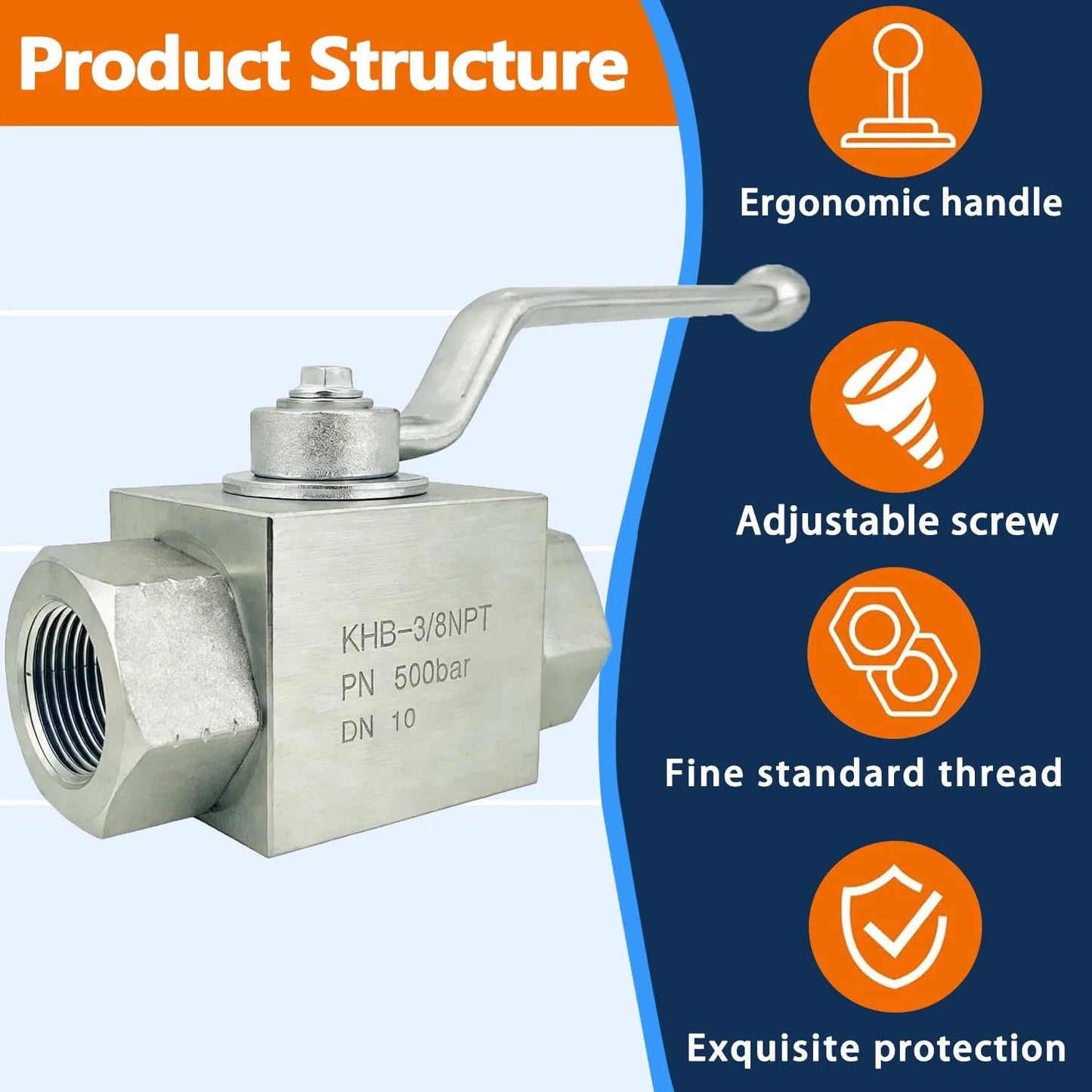 High Pressure Hydraulic Ball Valve Three Eighths Inch NPT Female Thread Two Way Shut Off 7250 PSI Carbon Steel Zinc Plated built tough for hydraulic and water systems with ergonomic handle.