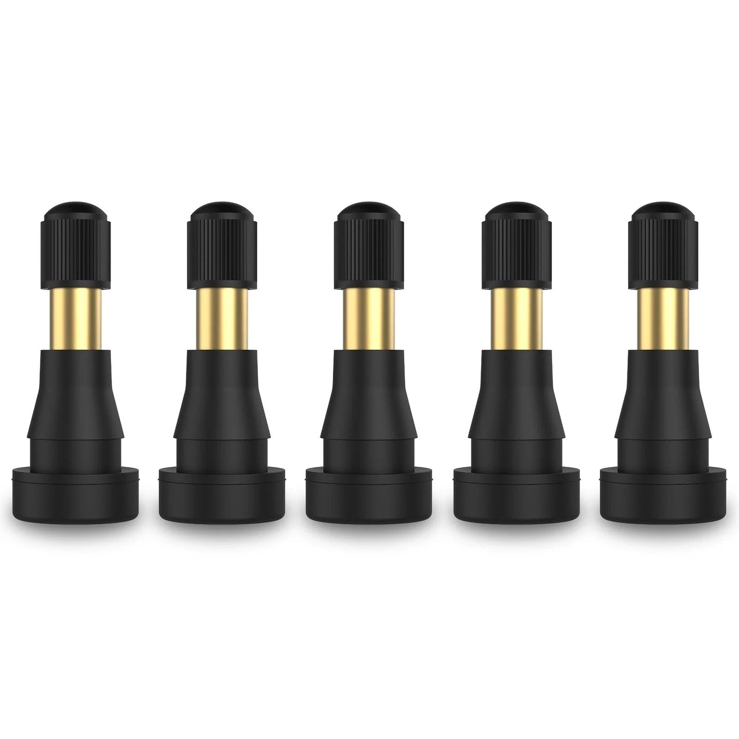 Five High Pressure Brass Stem Tire Valves TR600HP Snap In EPDM Rubber for 11.5mm opening, designed for heavy duty vehicles.