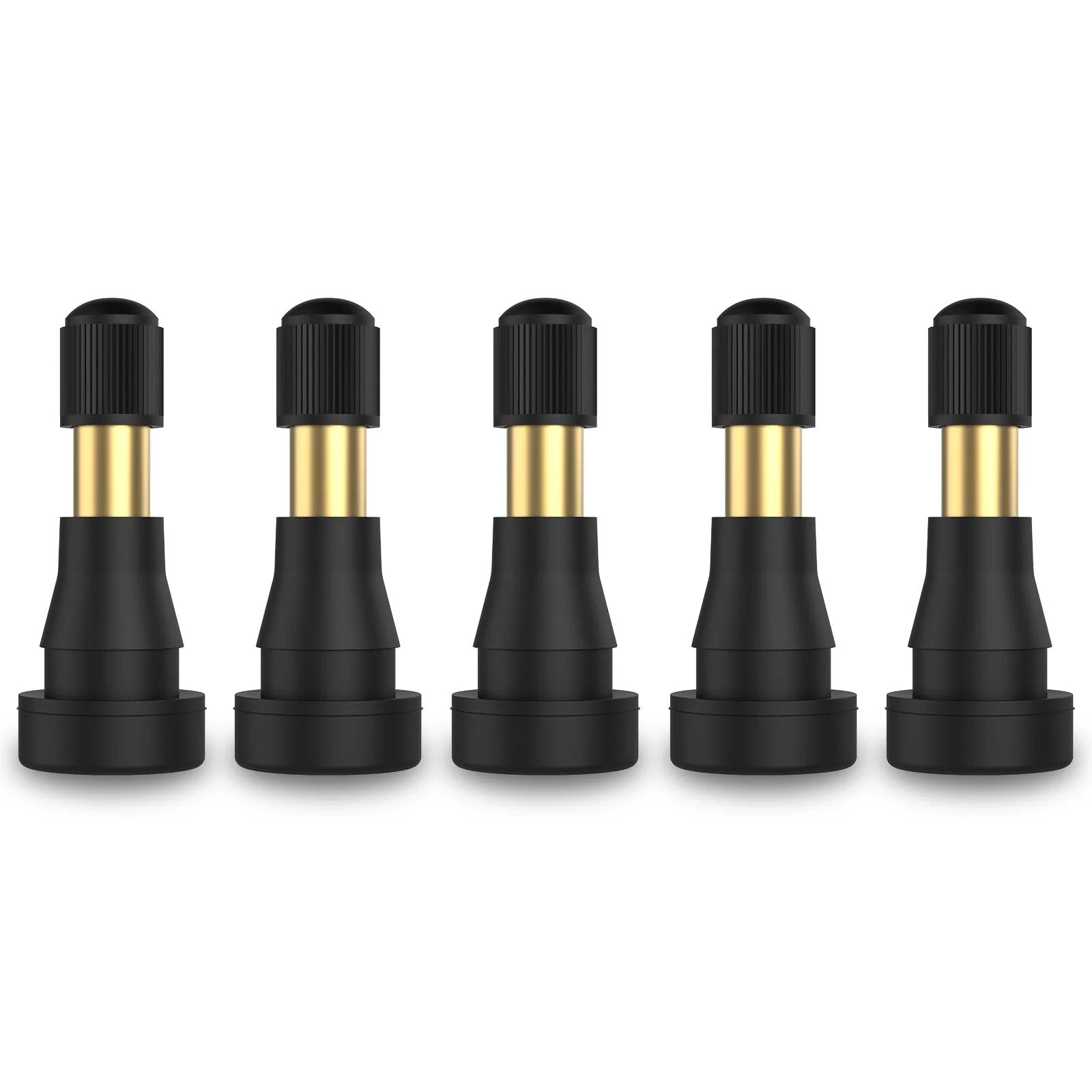 Five High Pressure Brass Stem Tire Valves TR600HP Snap In EPDM Rubber for 11.5mm opening, designed for heavy duty vehicles.