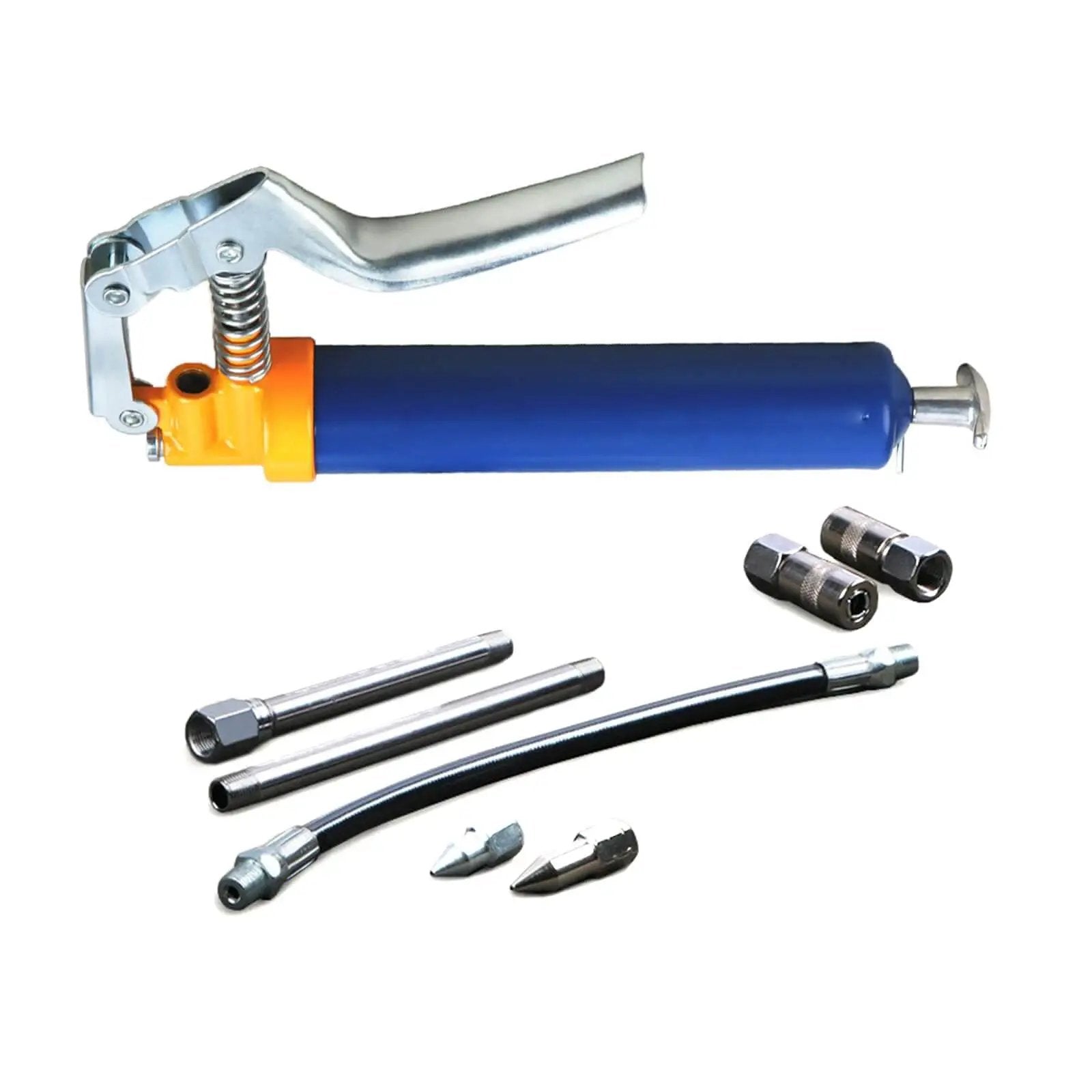 One Handed 120cc High Pressure Grease Gun for Precise Lubrication, bright yellow and blue, with accessories for heavy duty machines.