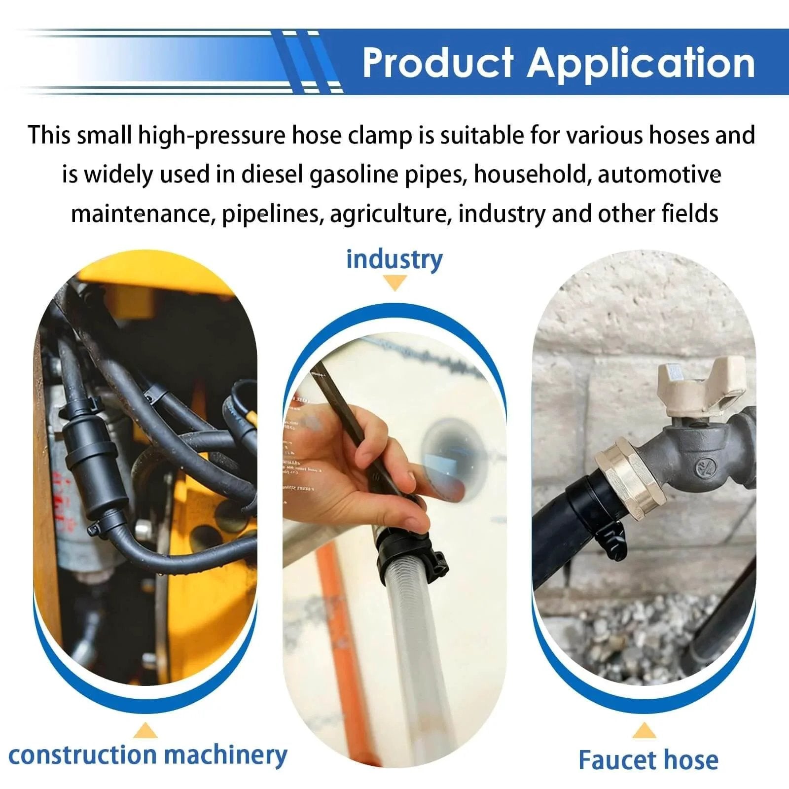 Installation of 32 Piece Black Fuel Line Clamps Set for Fuel Injection Hose Clamps showing use in machinery, industry, and faucet hose.