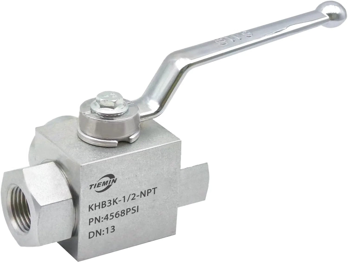 High Pressure Hydraulic Ball Valve 1/2 Inch NPT 4568 PSI 315 Bar KHB3K Three Way Shut Off Carbon Steel with handle view.