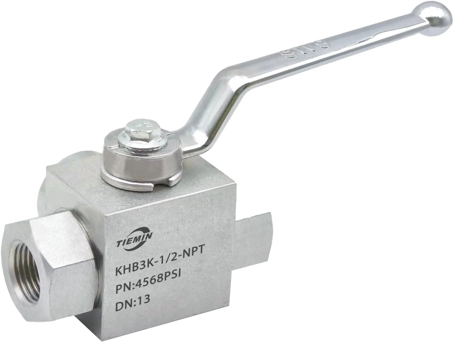 High Pressure Hydraulic Ball Valve 1/2 Inch NPT 4568 PSI 315 Bar KHB3K Three Way Shut Off Carbon Steel with handle view.