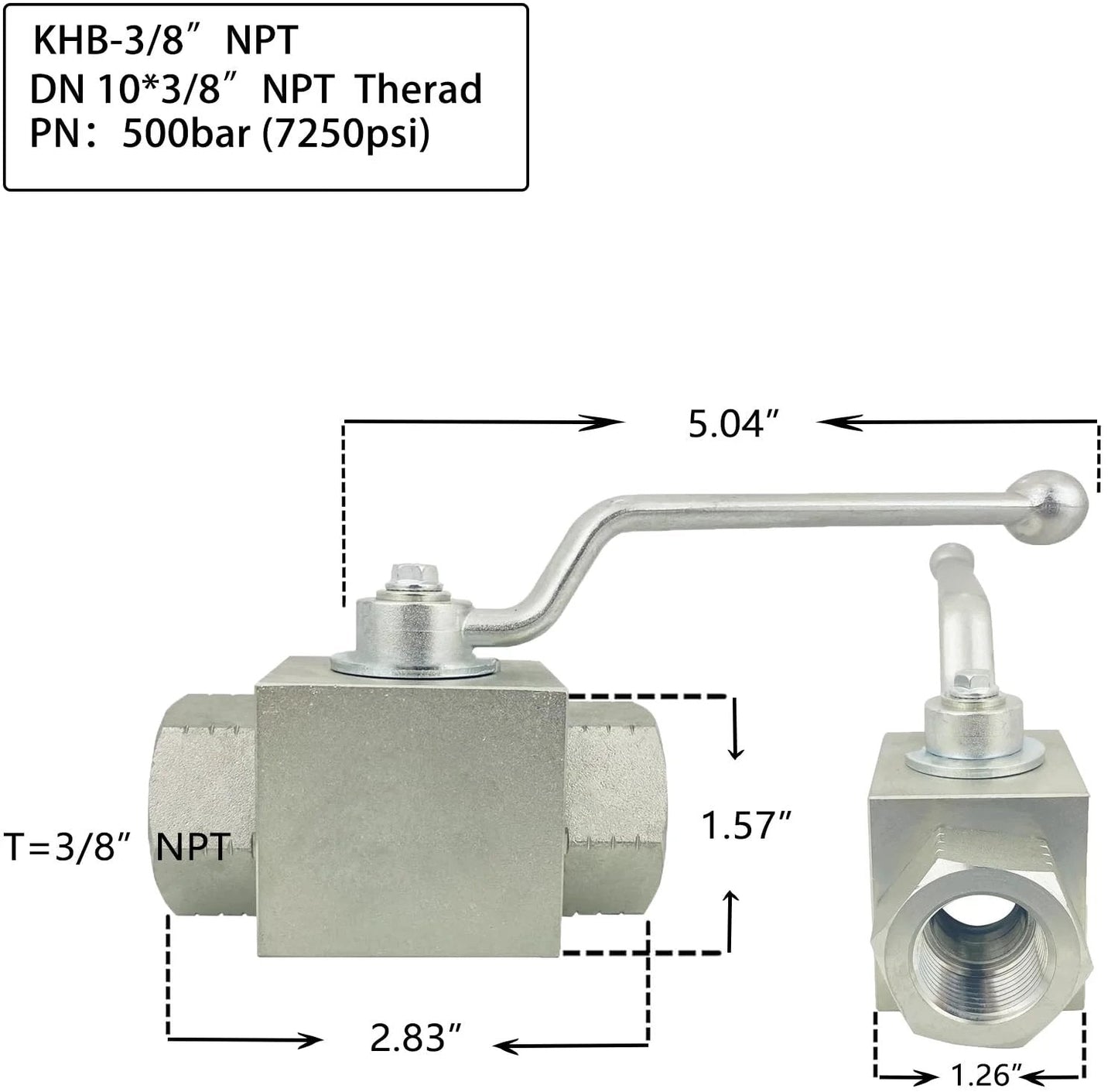High Pressure Hydraulic Ball Valve Three Eighths Inch NPT Female Thread Two Way Shut Off 7250 PSI Carbon Steel Zinc Plated built tough for hydraulic systems, 3/8 inch with lever.