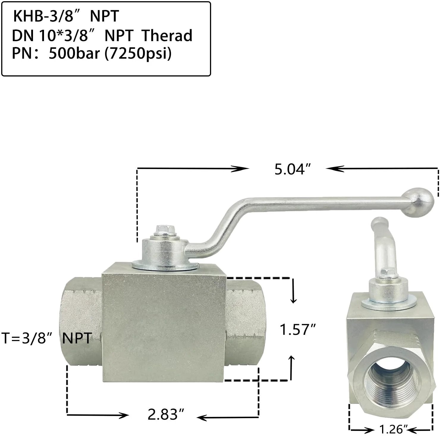 High Pressure Hydraulic Ball Valve Three Eighths Inch NPT Female Thread Two Way Shut Off 7250 PSI Carbon Steel Zinc Plated built tough for hydraulic systems, 3/8 inch with lever.