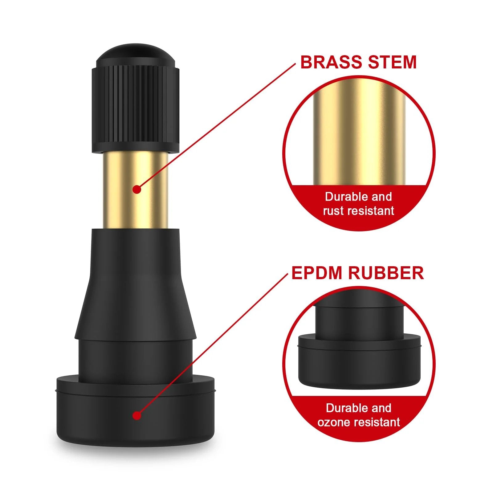 High Pressure Brass Stem Tire Valves TR600HP Snap In EPDM Rubber close-up showing brass stem and EPDM rubber features.