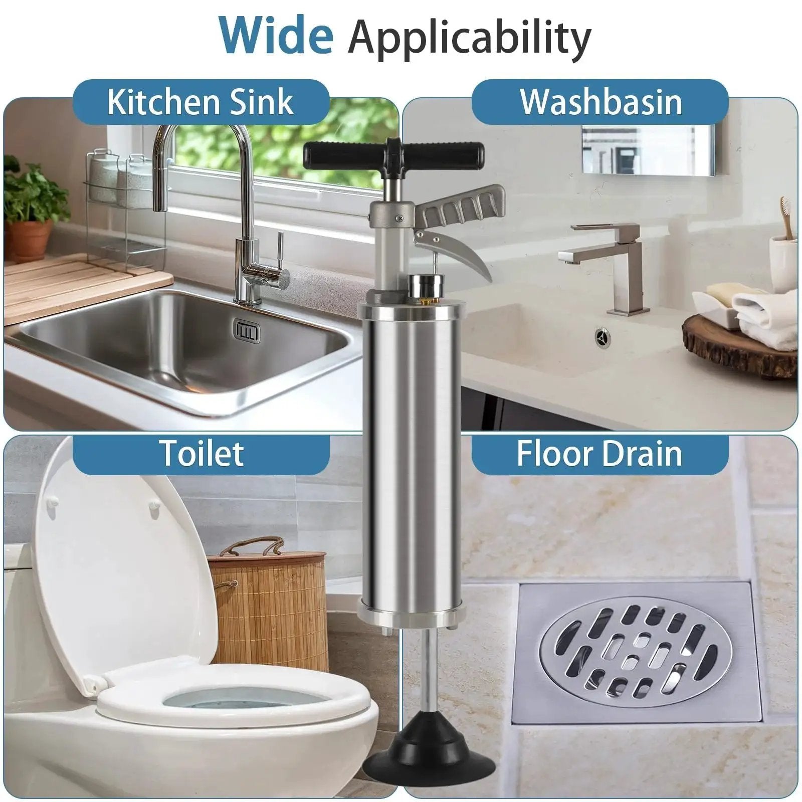 Portable High Pressure Kinetic Toilet Plunger Air Blaster Pump for clogged toilets, sinks, and drains in kitchen, bath, and shower.
