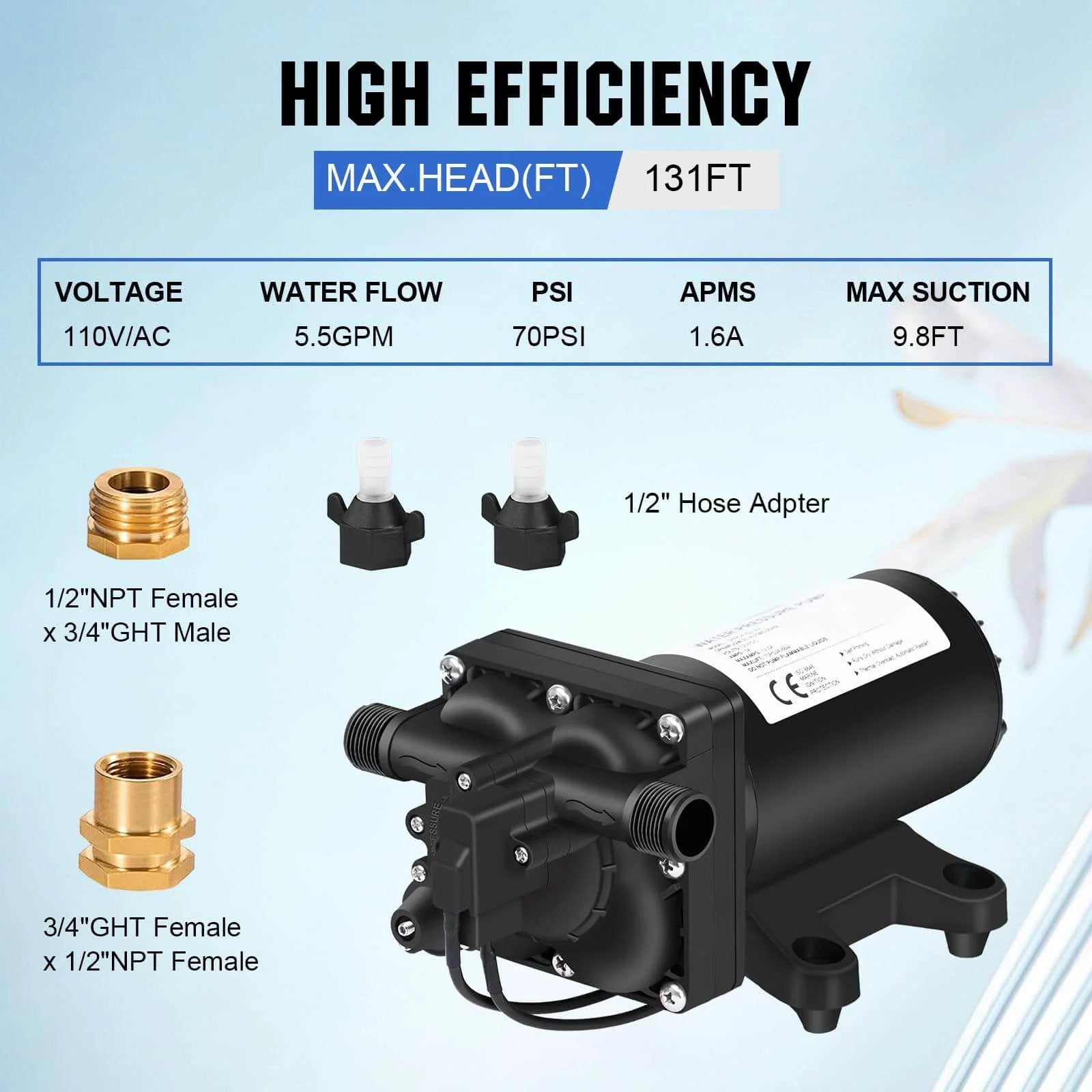 ECO-WORTHY 110V AC Fresh Transfer Diaphragm Water Pump On Demand 5.5GPM 70PSI High Pressure Water Booster Pump 110 Volt with Pressure Switch